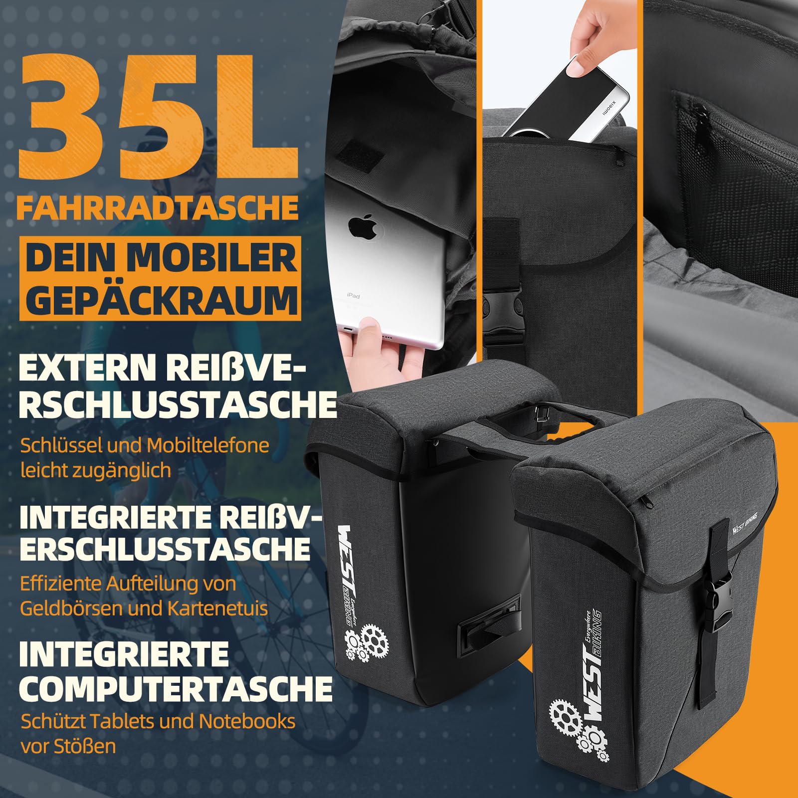 Fahrradtasche für Gepäckträger – 35L Große Kapazität, Reflektierend, leicht zu reinigen, mit Laptopfach & extra Reißverschlusstasche, Gepäckträgertasche für E-Bike MTB & Citybike (Black)