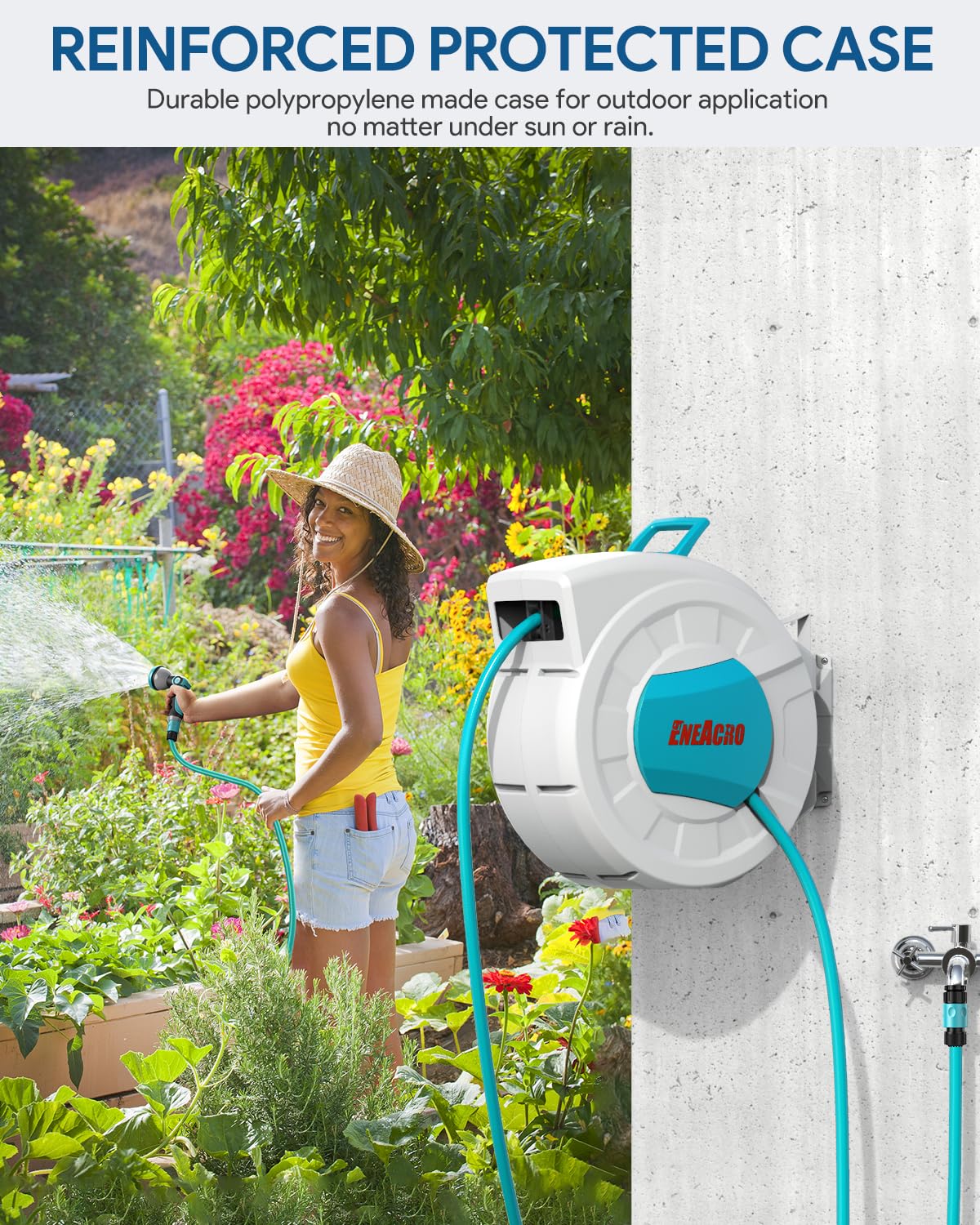 ENEACRO Garten Schlauchbox Wandmontage 30m mit Aufroll-Automatik, 180° Schwenkbar, 10 Funktions Sprühdüse, Flexible Bewässerung für große Gärten
