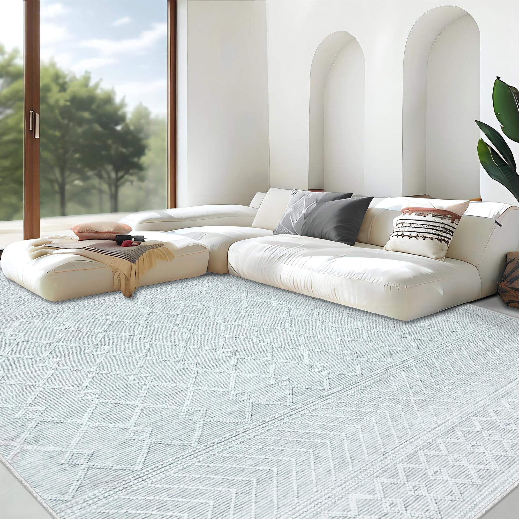 Area Rug Living Room Rugs 8x10 - Large Soft Boho Geometric Rugs, Non-Slip Foldable Washable Rugs Non Shedding Morden Indoor Floor Carpet for Living Bedroom Office Dining Room(Modern Grey,8'x10')