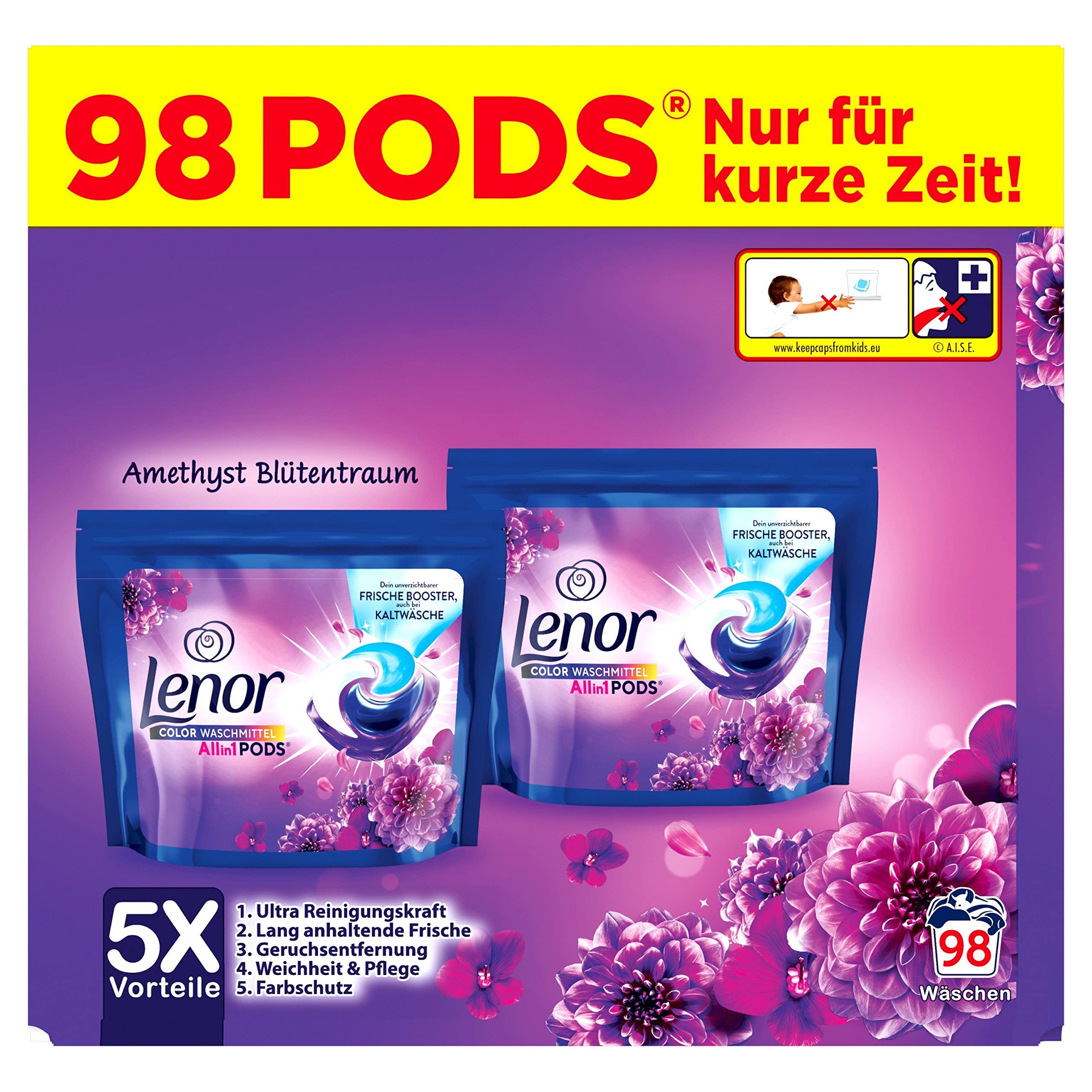 Lenor Colorwaschmittel Allin1 PODS Amethyst Blütentraum 98 Waschladungen, Hygienische Tiefenreinigung und Lang Anhaltende Frische