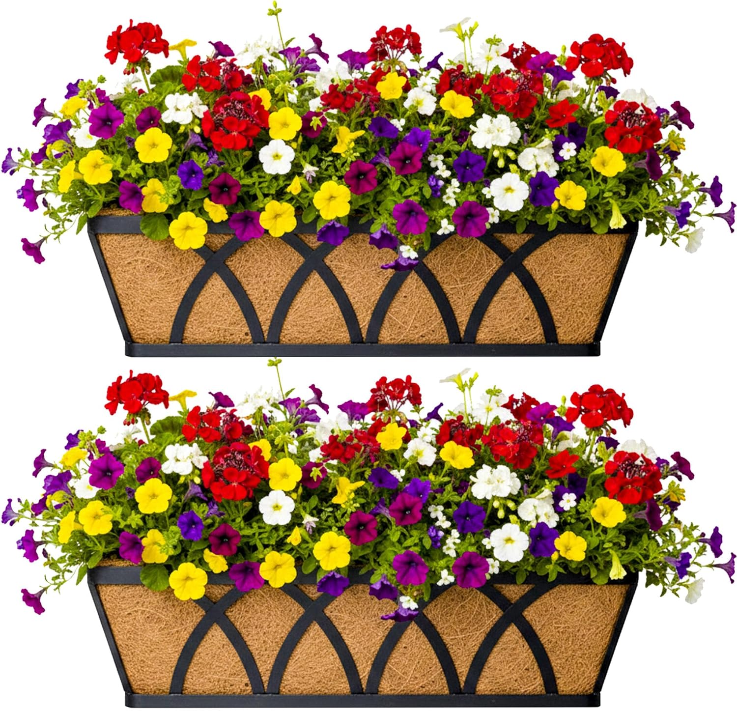 2 Pack 24 Inch Window Sill Fence Planter Pots Black Metal Window Sill Planter with Coco Backing Wall Mounted Home Planter Hanging Basket