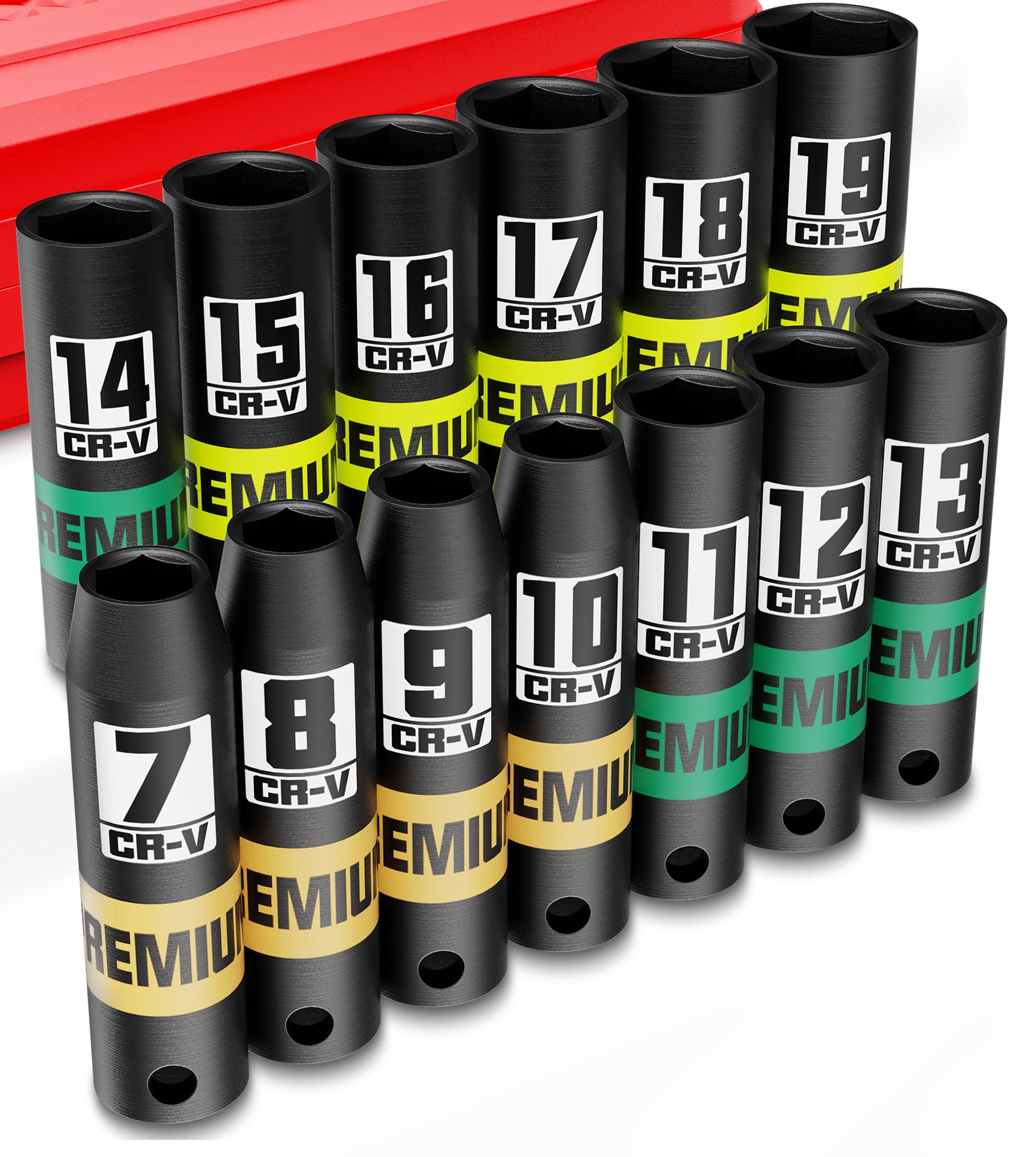 Aurlloct 3/8" Drive Impact Socket Set, 13Pcs Deep Sockets, 7-19 mm Hex Long Socket Set, Repair Automotive Truck Tractor Engine Maintenance