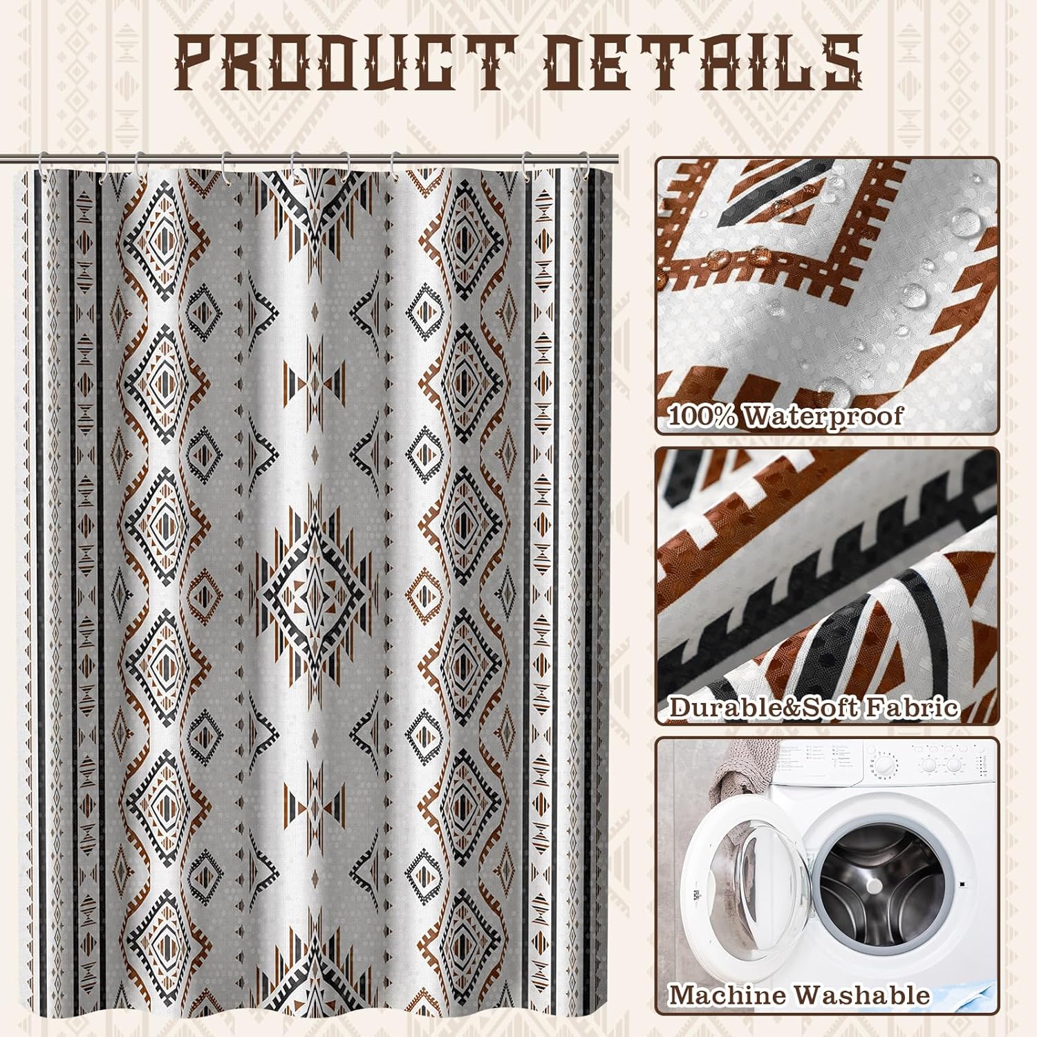 HunnmingRe Western Shower Curtain Waffle Southwest Aztec Geometric Stripes Fabric Shower Curtain Set with Hooks for Bathroom 72 x 72 Inches Boho Bath Curtains (Brown)