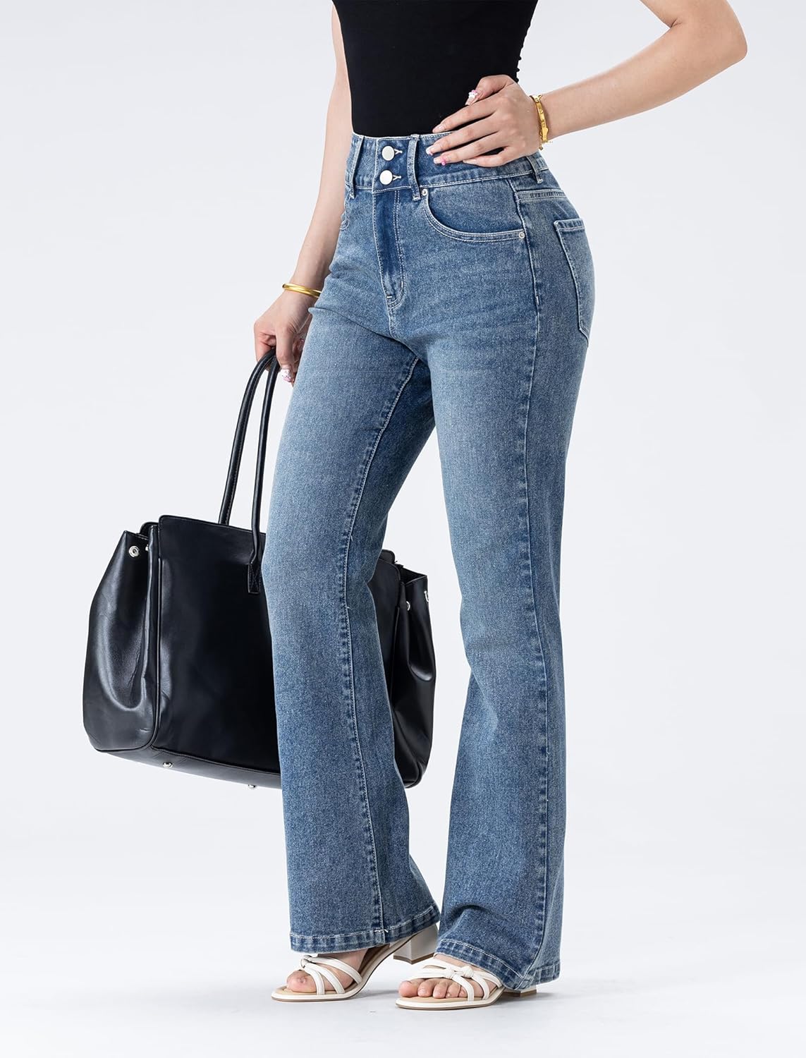 Women's Wide Leg Flare Jeans,High Waisted Baggy Stretch Denim Pants - Image 5