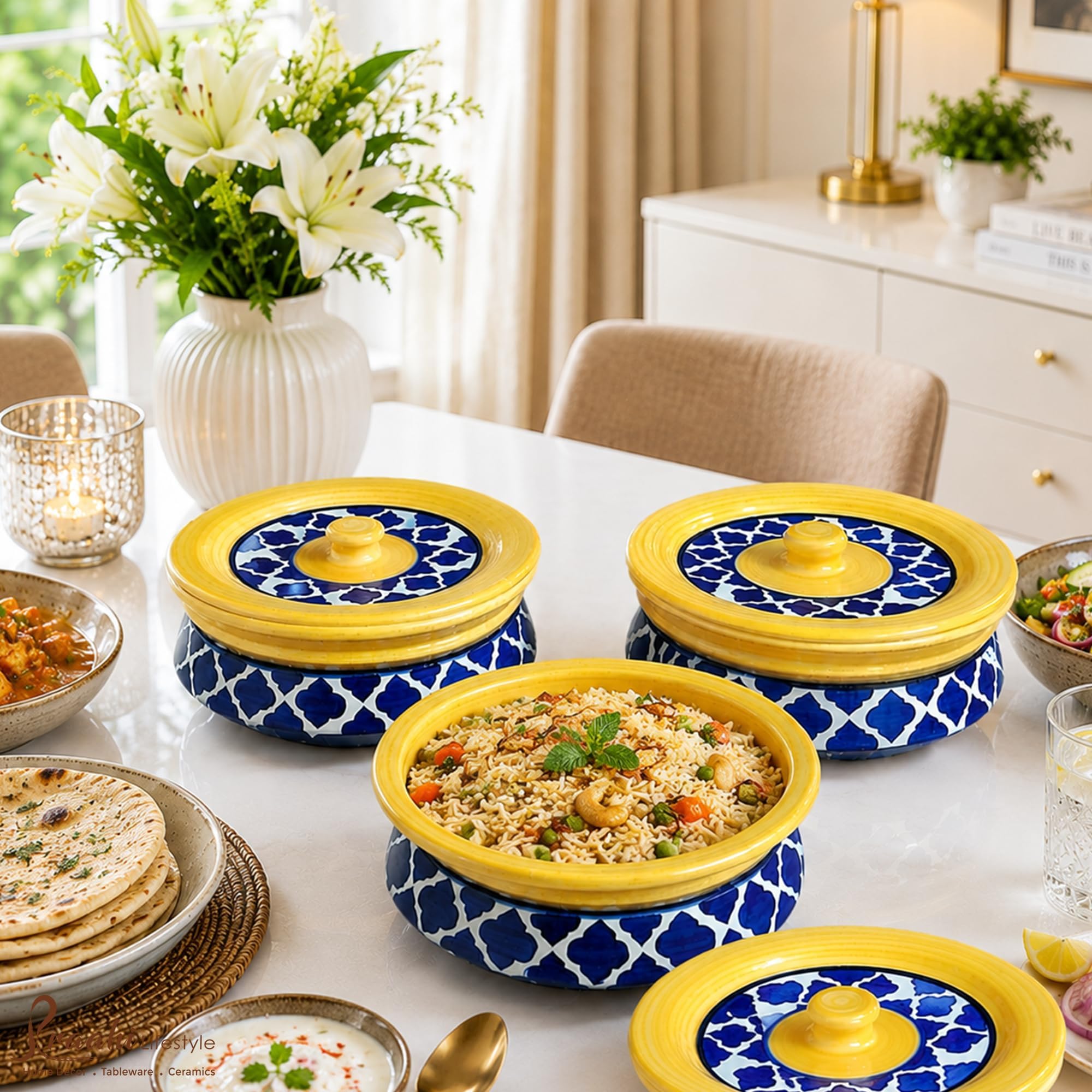 Praahi Lifestyle Ceramic Biryani/Curd/Dahi Handi Set with lid | Yellow Blue Handpainted Rice Pot for Serving Dal, Curry - Set of 3 | 1250 ML, 900 ML, 600 ML | Best for Gifting