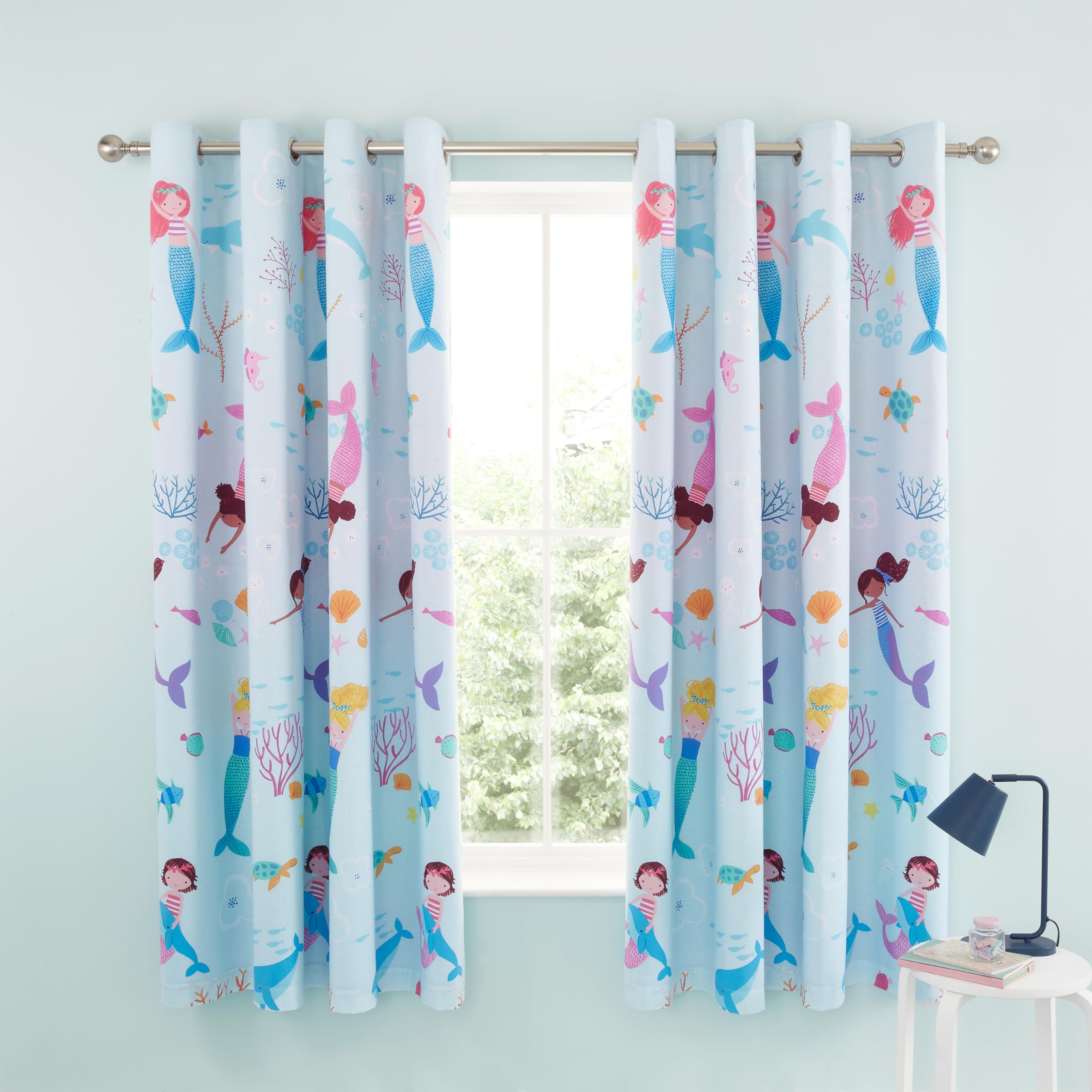 Catherine Lansfield Mermaid Blue Reversible Eyelet Curtains