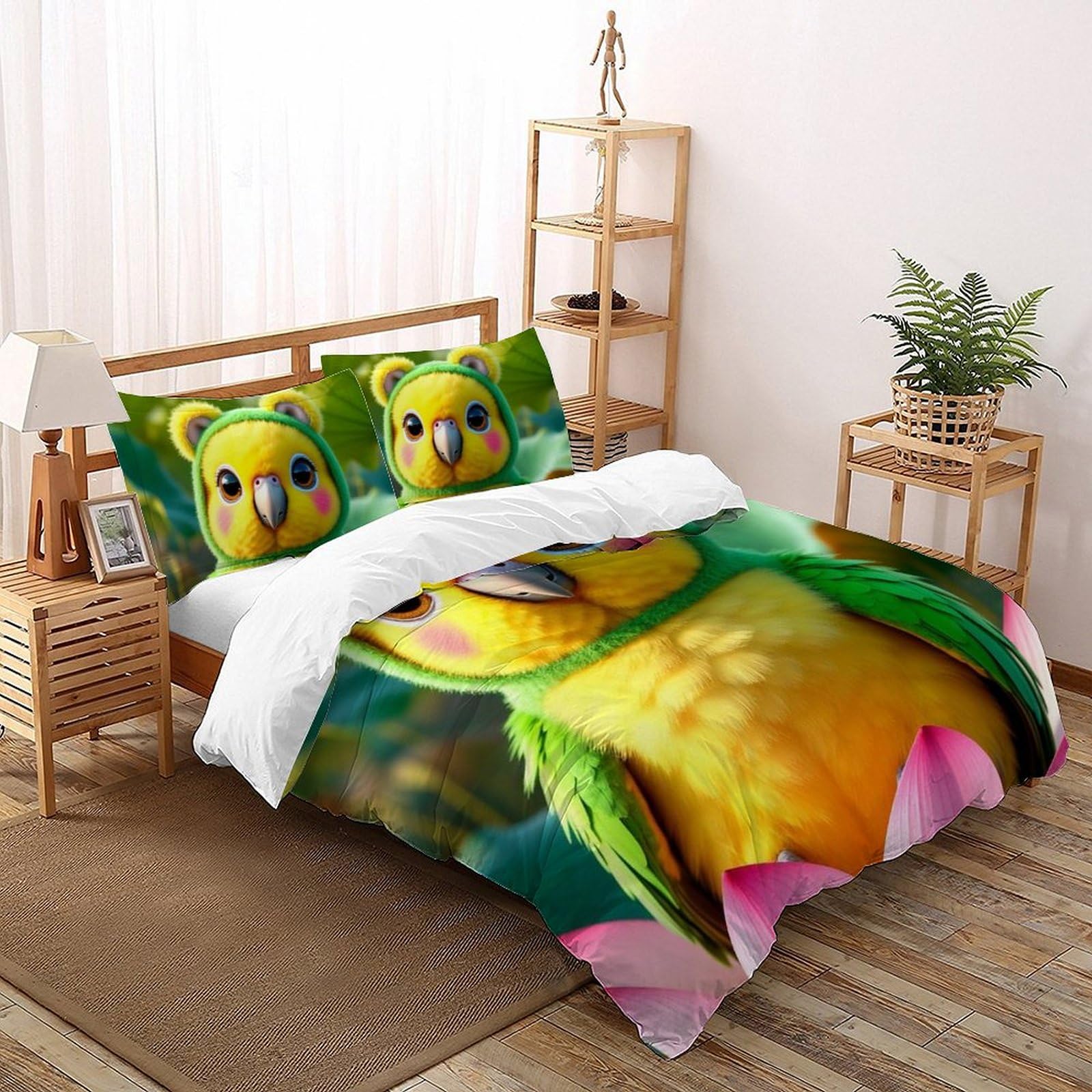 Housse de Couette Super King Anti-Plis Motif Oiseaux pour Lit 2 Personnes