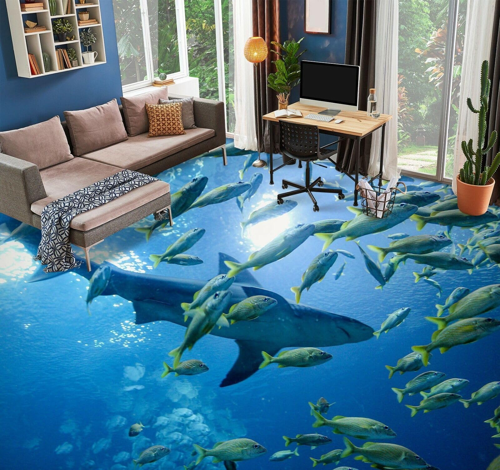 Cartel De Decoración De Piso Murales de papel pintado 3D para suelo de peces oceánicos, 250 * 175 cm Autoadhesivo Extraíble Cocina Baño Piso Piso del Papel Pintado Impresión Epoxi