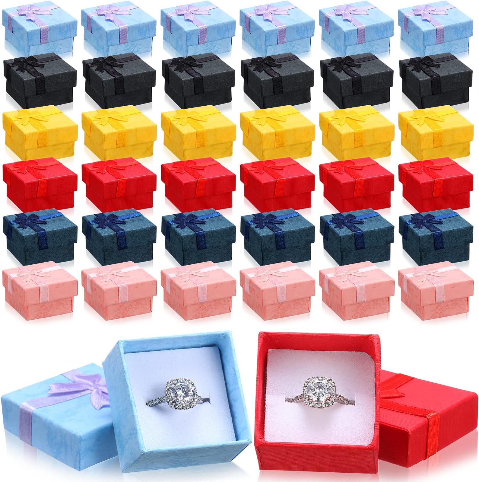 Bucherry 72 Pcs Bulk Ring Boxes Cardboard Gift Box,Regular Color | Foam Insert for Jewelry, 6 Colors with Ribbon, Small Cases for Earrings Bracelets, Employee Appreciation Gifts