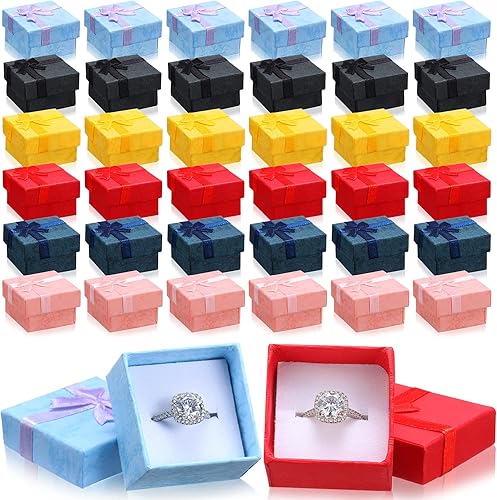 Miniatura 17 de Bucherry 72 cajas de anillos de 1.6 x 1.6 pulgadas, caja de joyería de cartón duro con lazo de cinta, pequeñas cajas de regalo para pequeñas