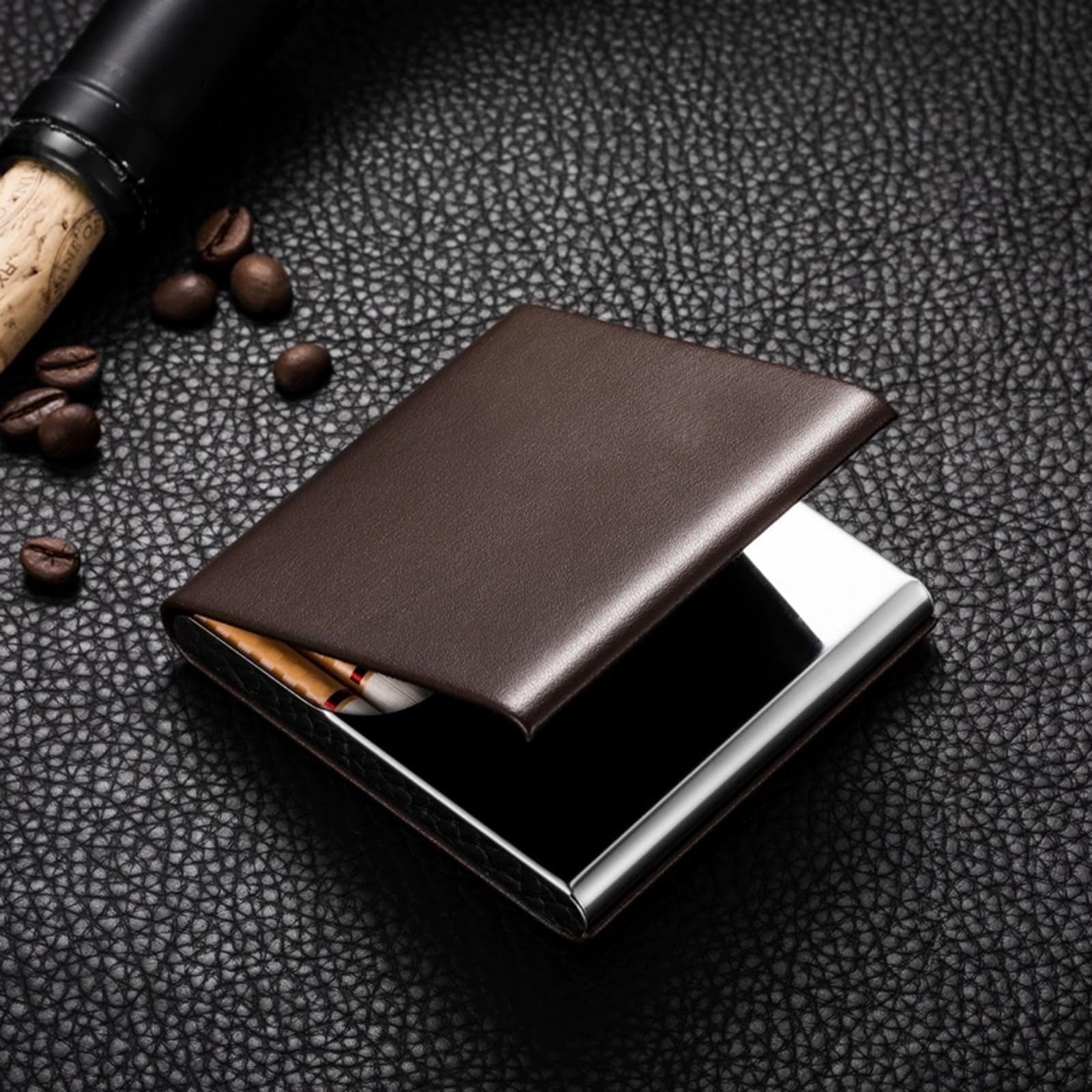 Portasigarette Uomo in Pelle, Extra Slim Portasigarette in Acciaio Inossidabile, per 10 84mm Sigarette Brown,One Size