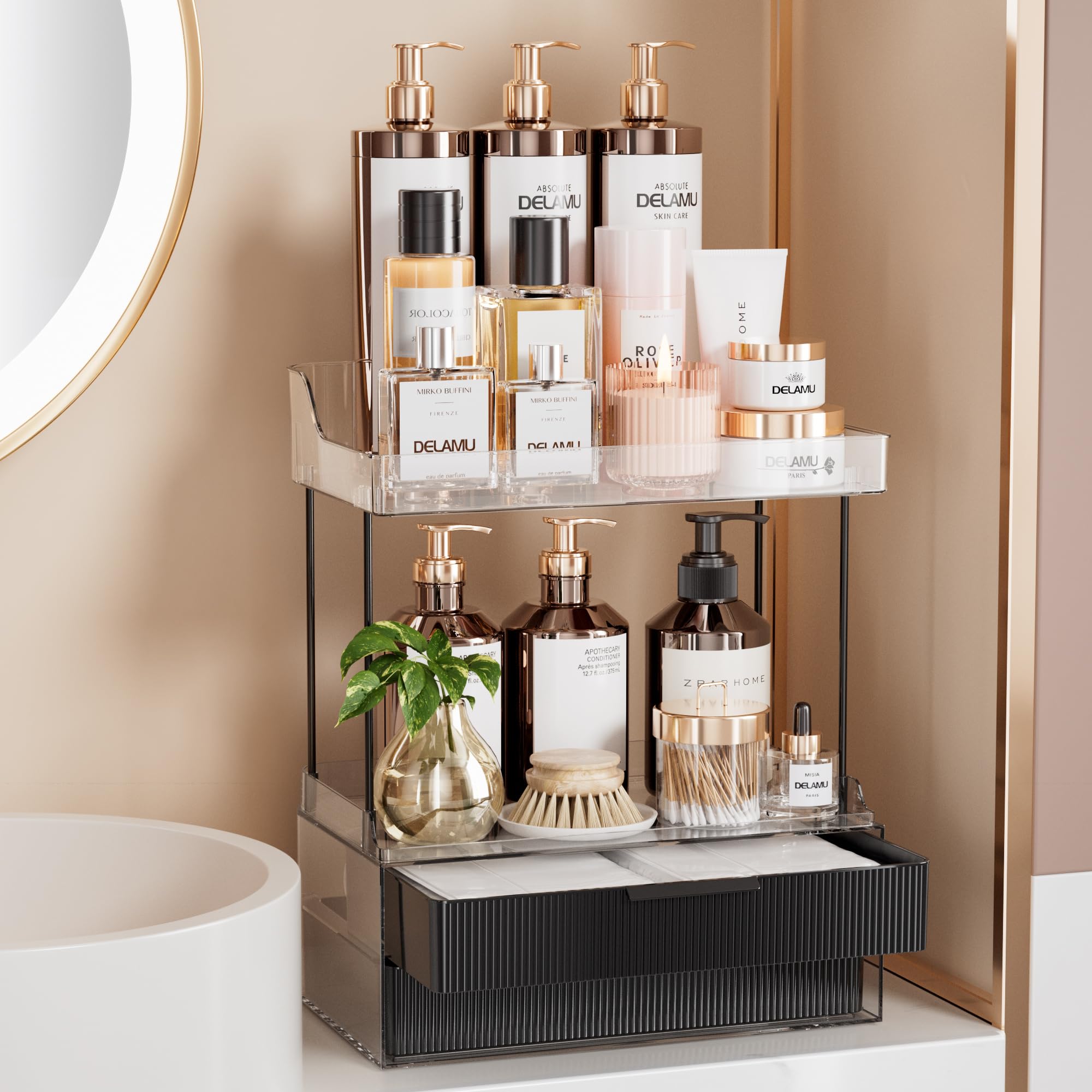 Delamu Bathroom Organizers and Storage, 2 Tier 2 Drawer Makeup Organizer Countertop, Easy to Install, Ideal for Bathroom Counter, Vanity, Large Skincare, Perfume, Present, Desk and More, Black