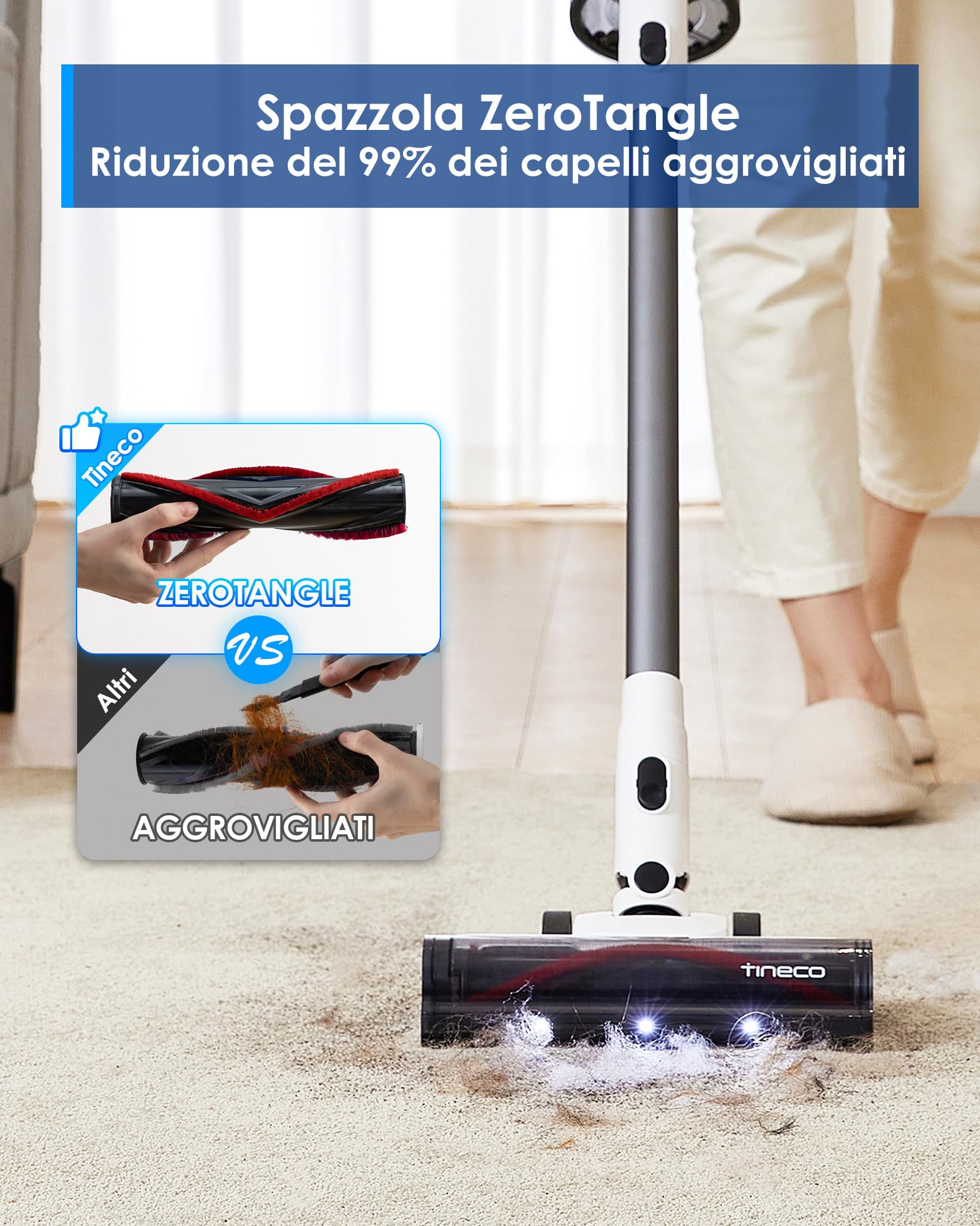 Tineco A30S, Aspirapolvere senza fili, Aspirazione da 160W, Autonomia di 60 minuti, Serbatoio Polvere da 1L, Spazzola ZeroTangle, Tecnologia PureCyclone, Luce LED