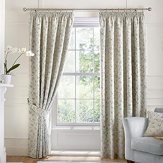 Bird Trail-Jacquard Lined Pencil Pleat Curtains, Duck Egg, 46