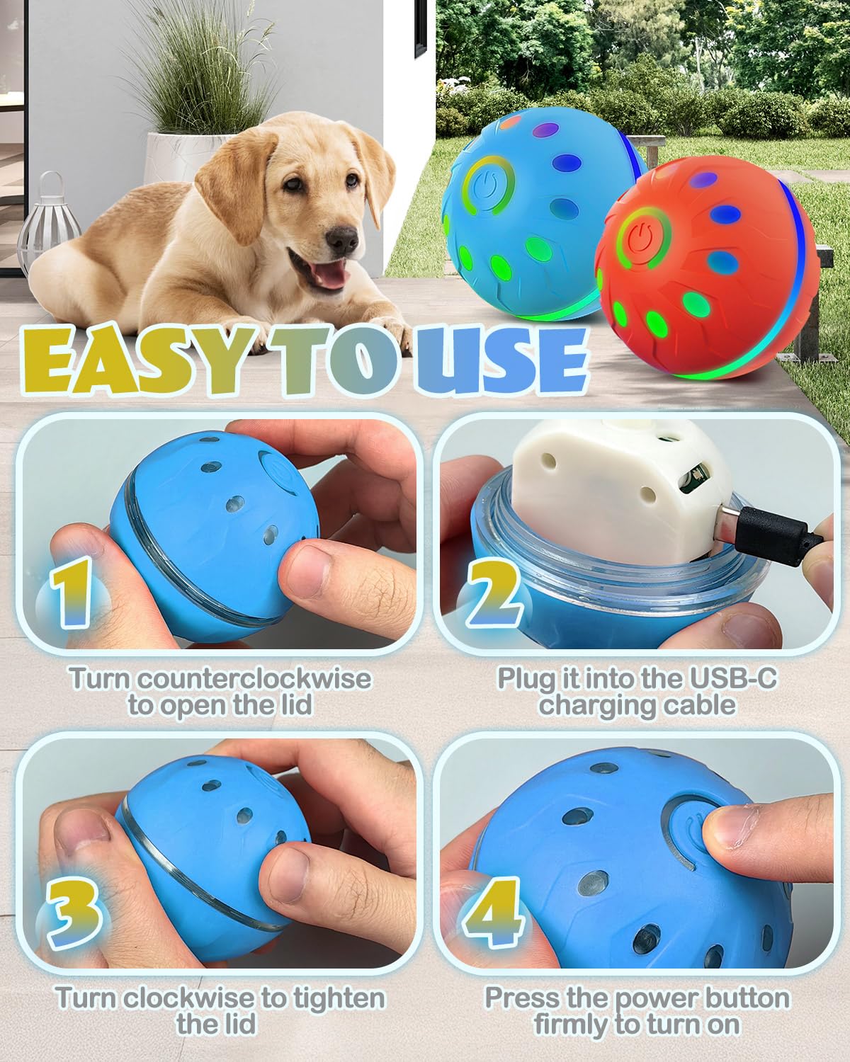 Zoomsnail Juguetes interactivos para perros, bolas automáticas recargables sin BPA con luces, impermeables y 2 modos de bolas para perros pequeños/medianos, perfecto para jugar y como regalo para