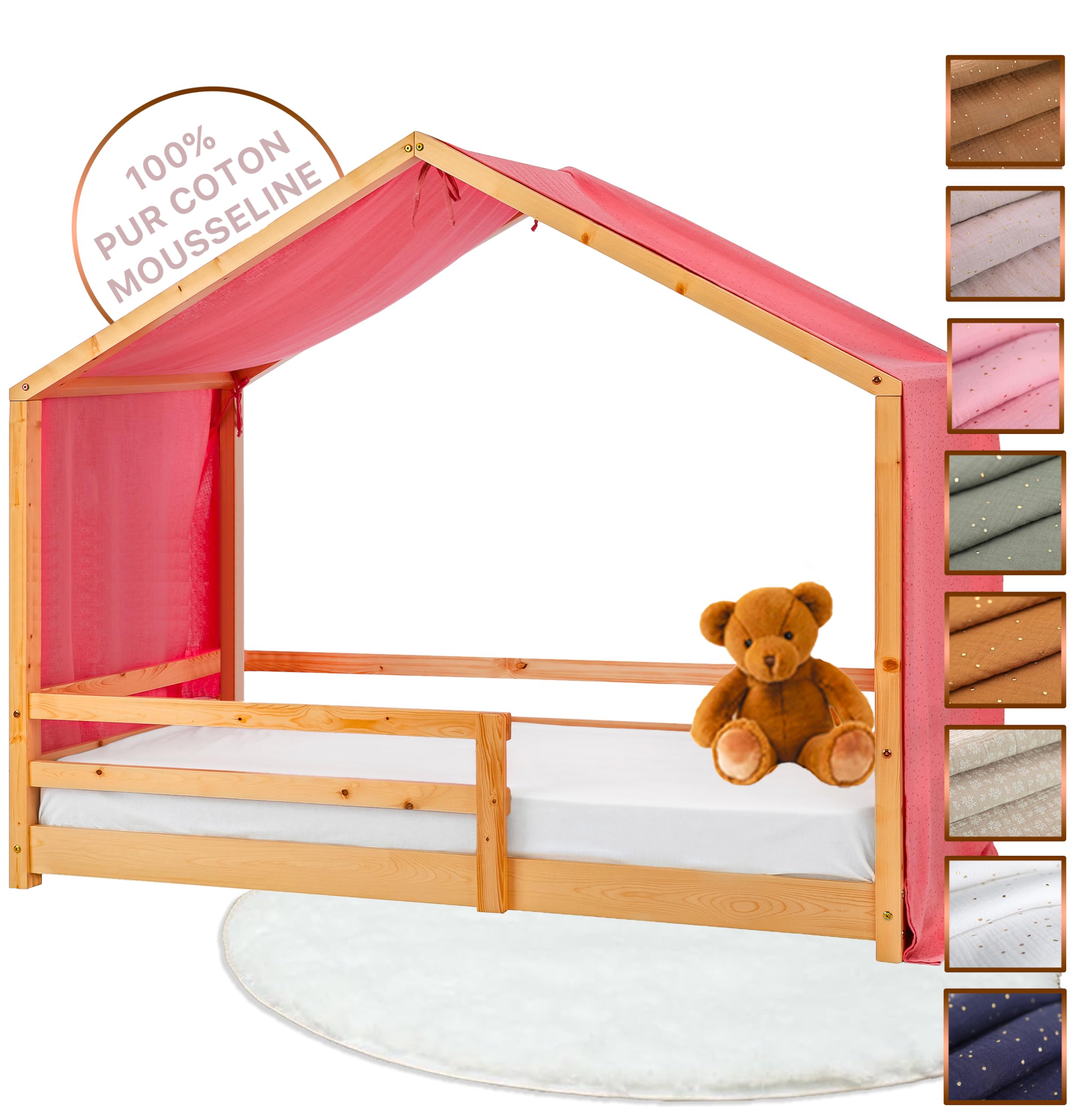 Tela Cama Casita para Cama Montessori - Dosel Cama Compatible Cama Casita Montessori 80x160 y 90x200 cm (Rosa empolvada/Oro, Modelo 2)
