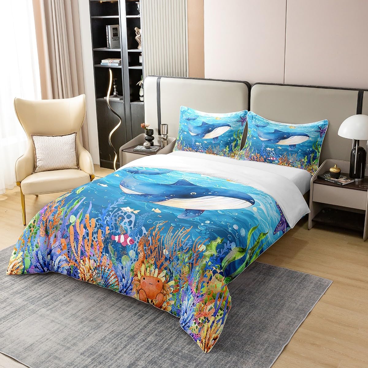 Feelyou Dolphin Bedding Set Twin Size Cute Ocean Animal Comforter Cover Set for Kids Teens Adults Jumping Dolphins Duvet Cover 100% Cotton Blue Ocean Marine Themed Bedspread Cover Room Decor 2Pcs