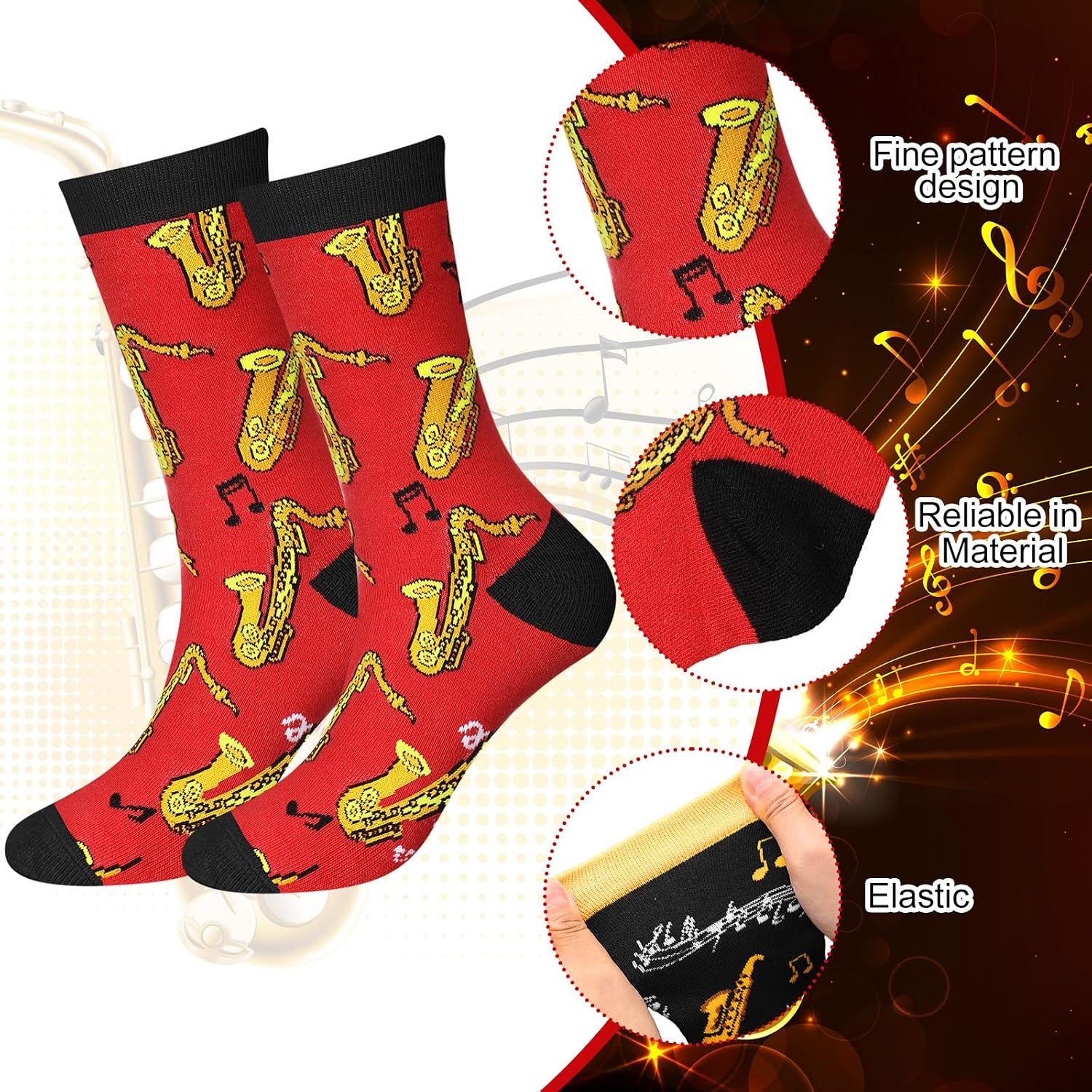 Ramede 6 Pairs Socks Gifts for Men Women Novelty Saxophone Drum Tuba French Horn Flute Trumpet Socks for Band Music Lovers