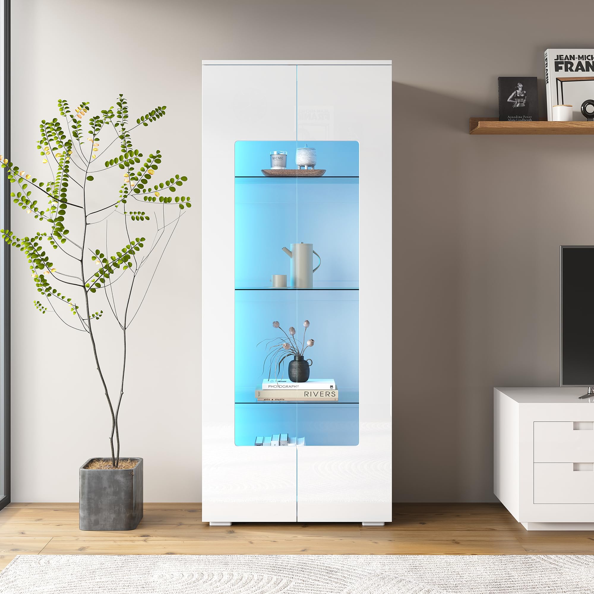 Vitrina blanca brillante para salón, 70 x 40 x 173 cm, con LED y 2 puertas acrílicas