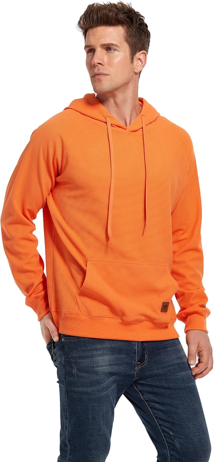 VICT POPU Hoodies For Men Pullover Long Sleeve hooded Plaid Jacquard With Big Pockets Solid Color Sweatshirt XX-Large Orange