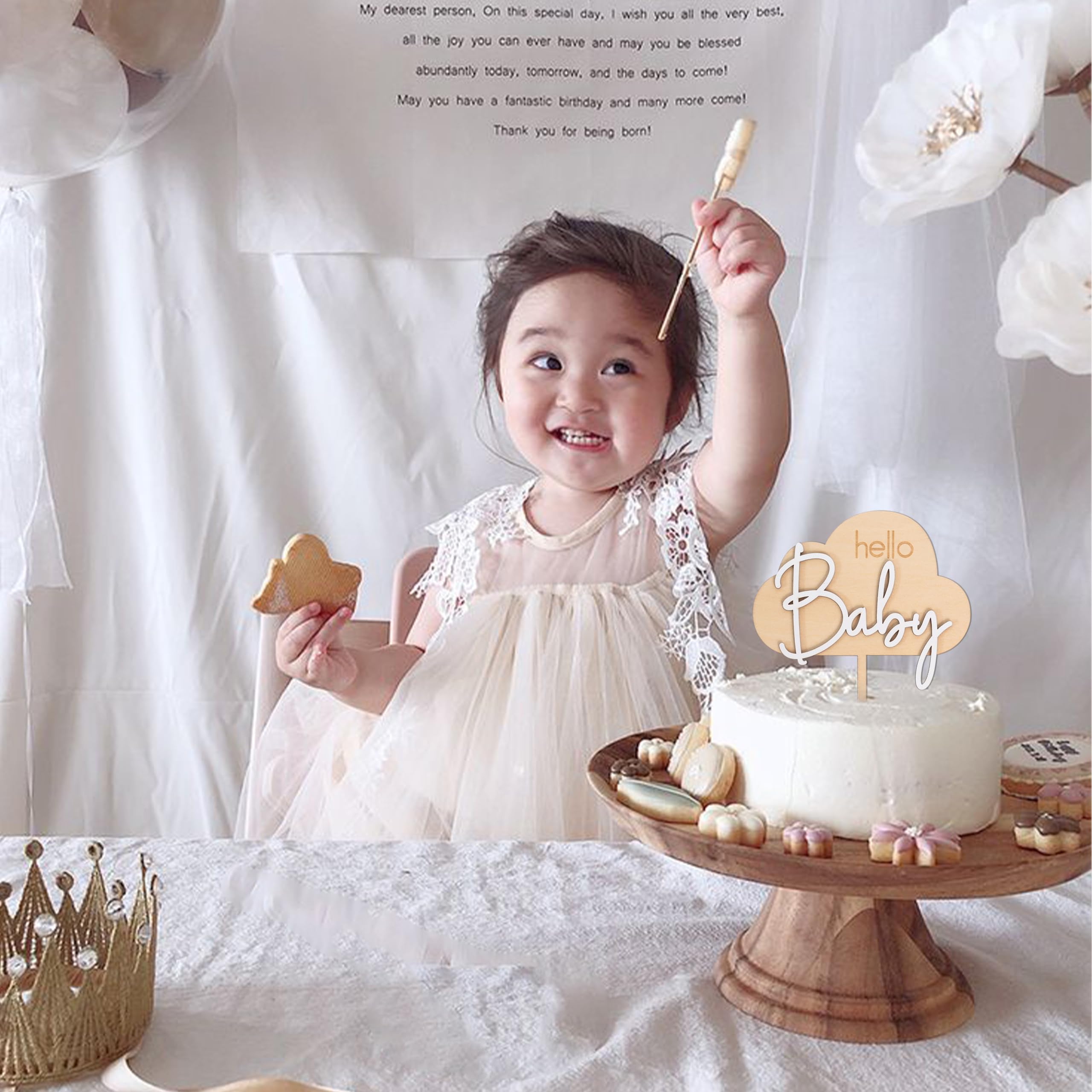 Set 4 Topper Per Torta In Legno Hello Baby E Nuvole - Decorazione Per Baby Shower E Nascita