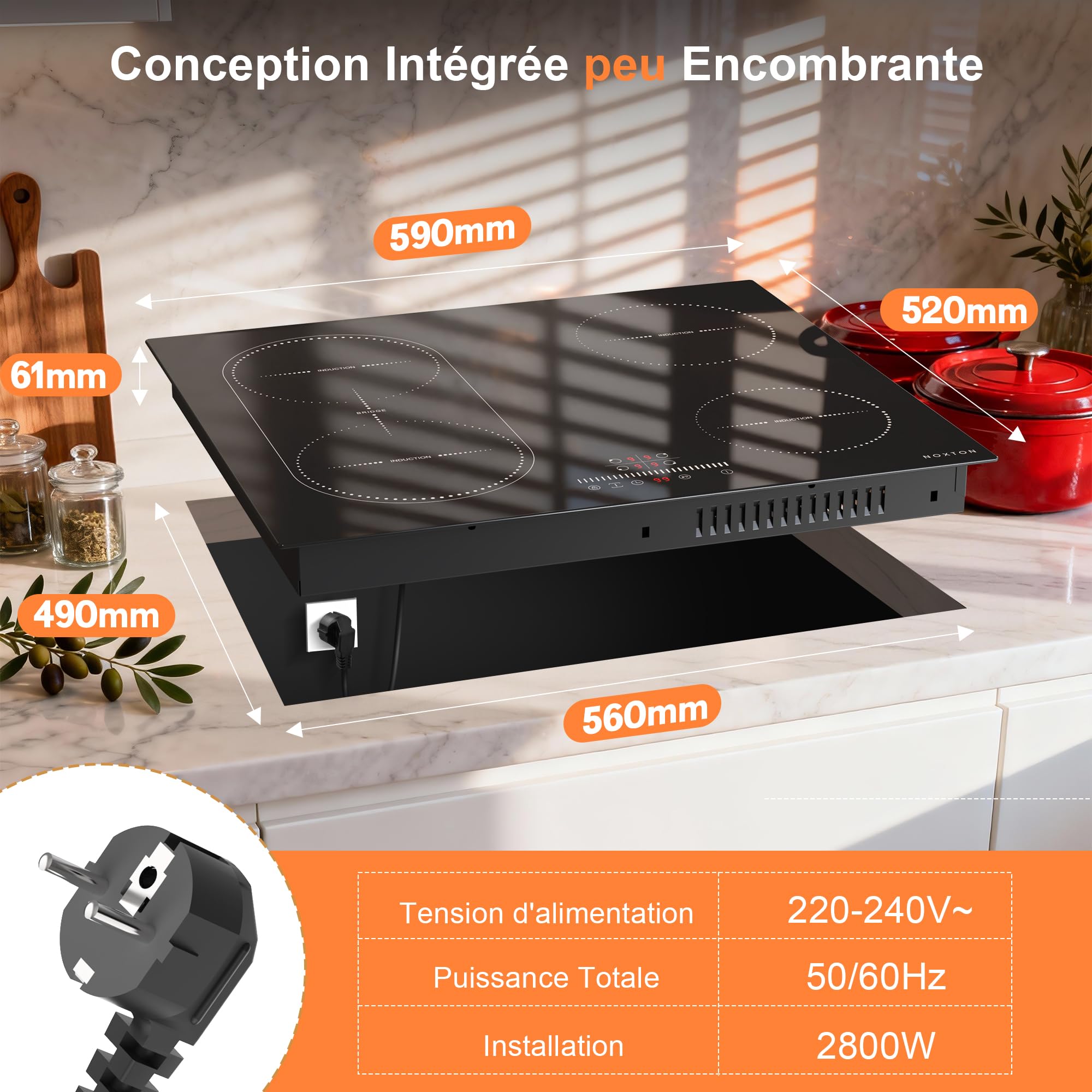 NOXTON Płyta indukcyjna 60 cm, płyta kuchenna do zabudowy, 4 płyty, 3500 W | Strefy flex, wtyczka, suwak, timer, funkcja pauzy, zabezpieczenie przed dziećmi, 220 V-240 V, płyta indukcyjna