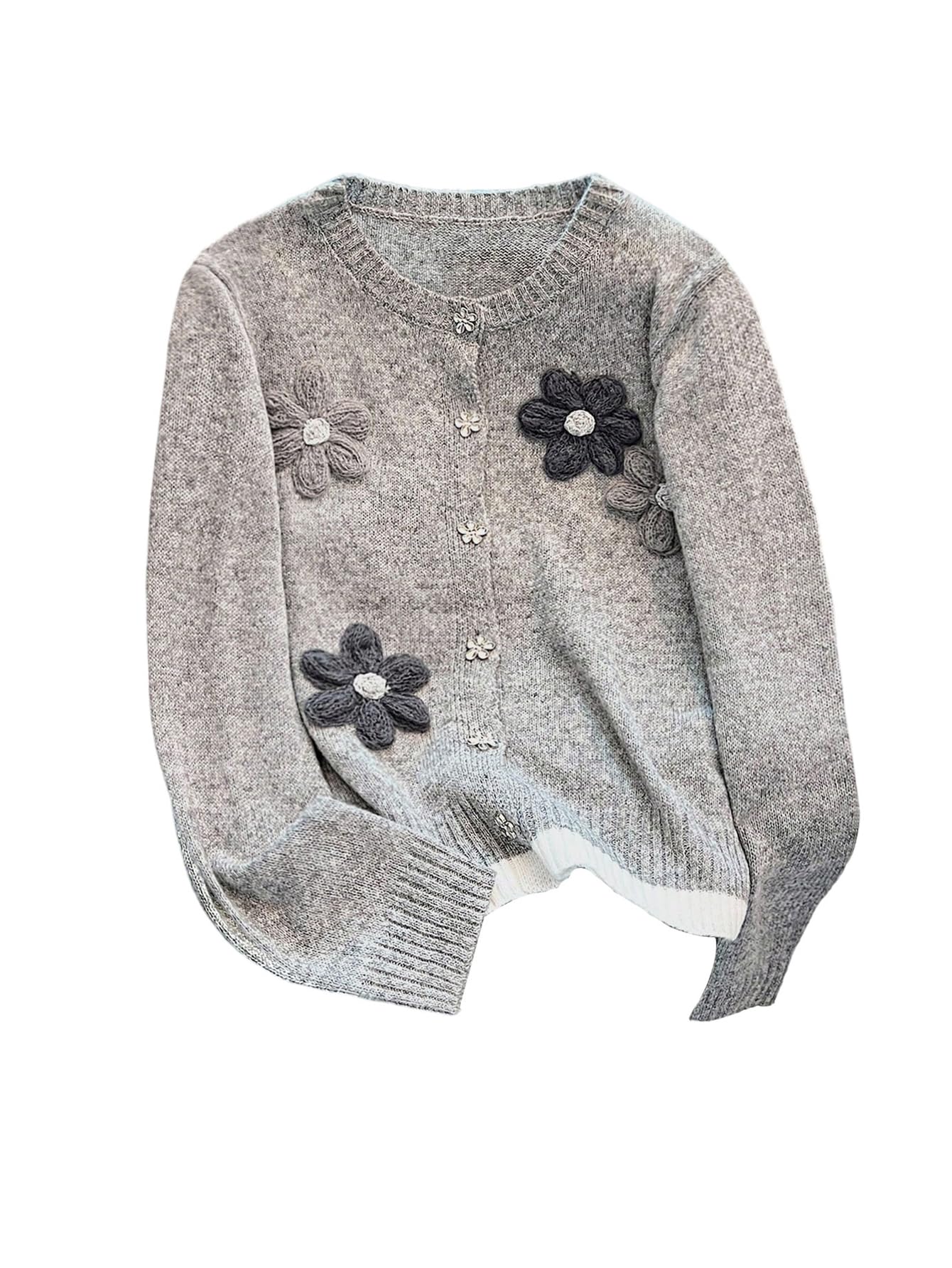 Verdusa Womens Floral Button Down Cardigan Sweater Crew Neck Long Sleeve Lightweight Knitted Outerwear