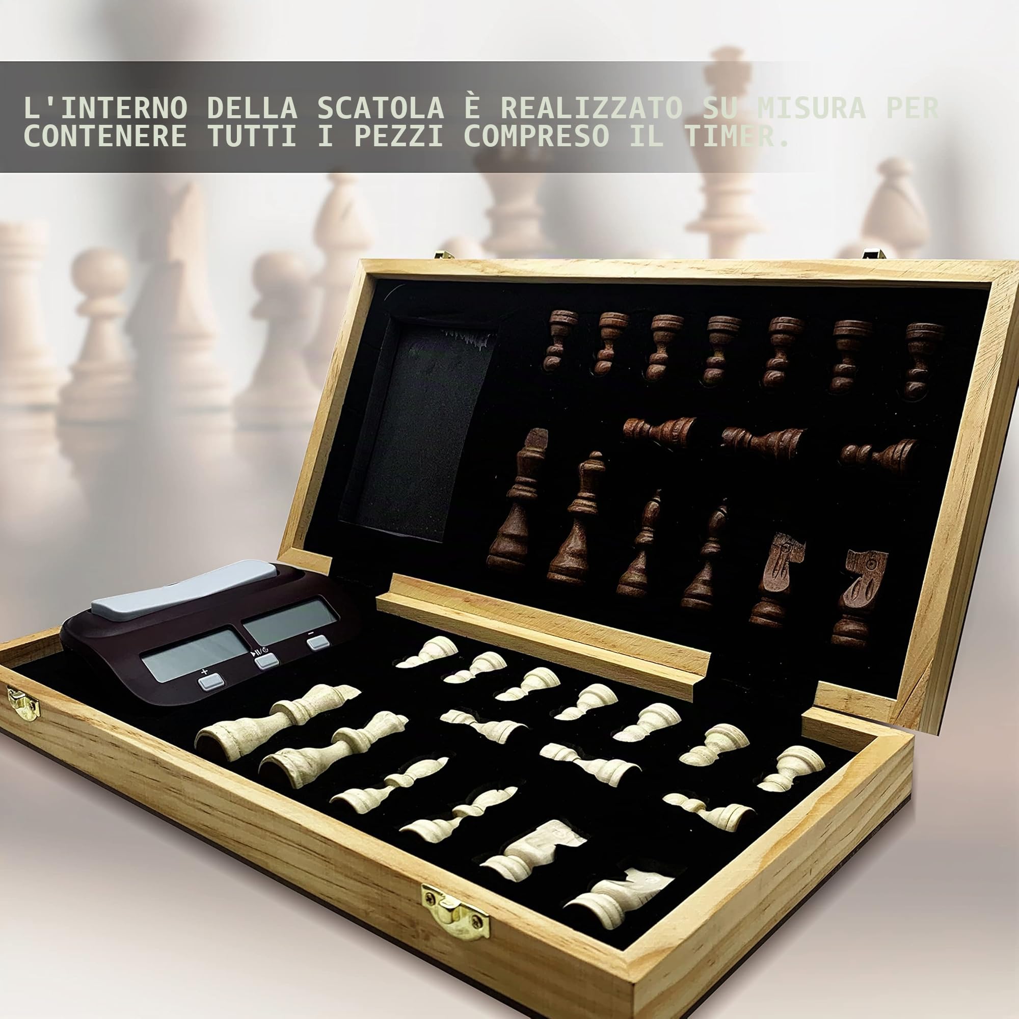 DOJA Barcelona | Scacchiera in Legno Pieghevole con Timer Digitale | 39x39 | Scacchiera Professionale Magnetica + Orologio Scacchi Ideale per Viaggio | Gioco da Tavolo portatile, per 2 giocatori