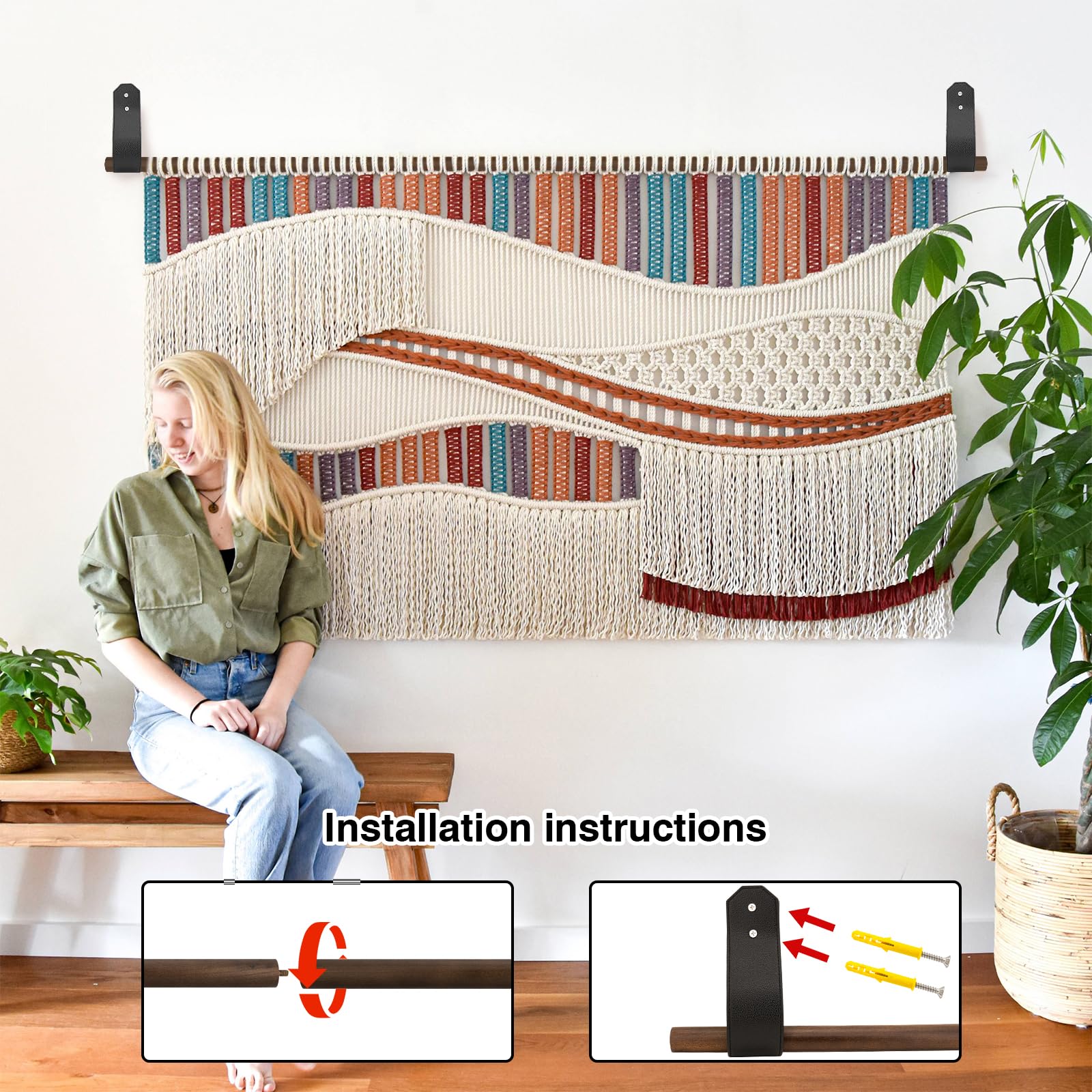 2 ganchos de madera para tapiz, barra telescópica, ajustable, estética, para colgar en la pared, barra rústica de madera maciza para tapices, mantas, cortinas y decoración de pared (9-60