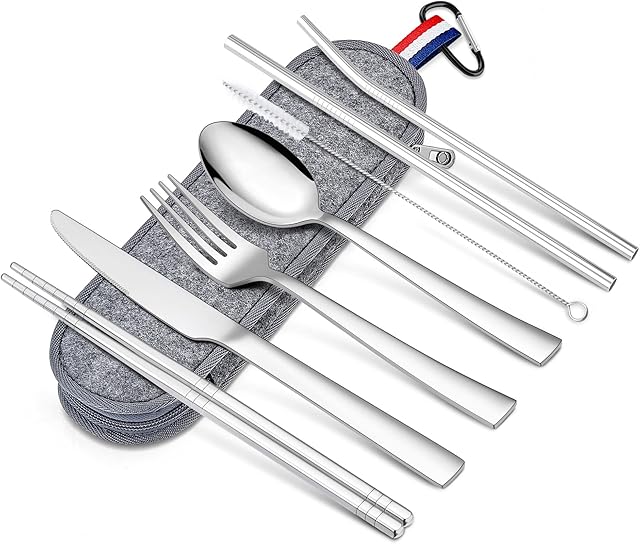 Travel Cutlery Set, Joyfair 8 Piece Portable Stainless Steel Flatware Set, Reusable Utensils Set for 1 with Knife/Fork/Spoon/Chopsticks/Straws/Cleaning Brush/Grey Carrying Case, Dishwasher Safe
