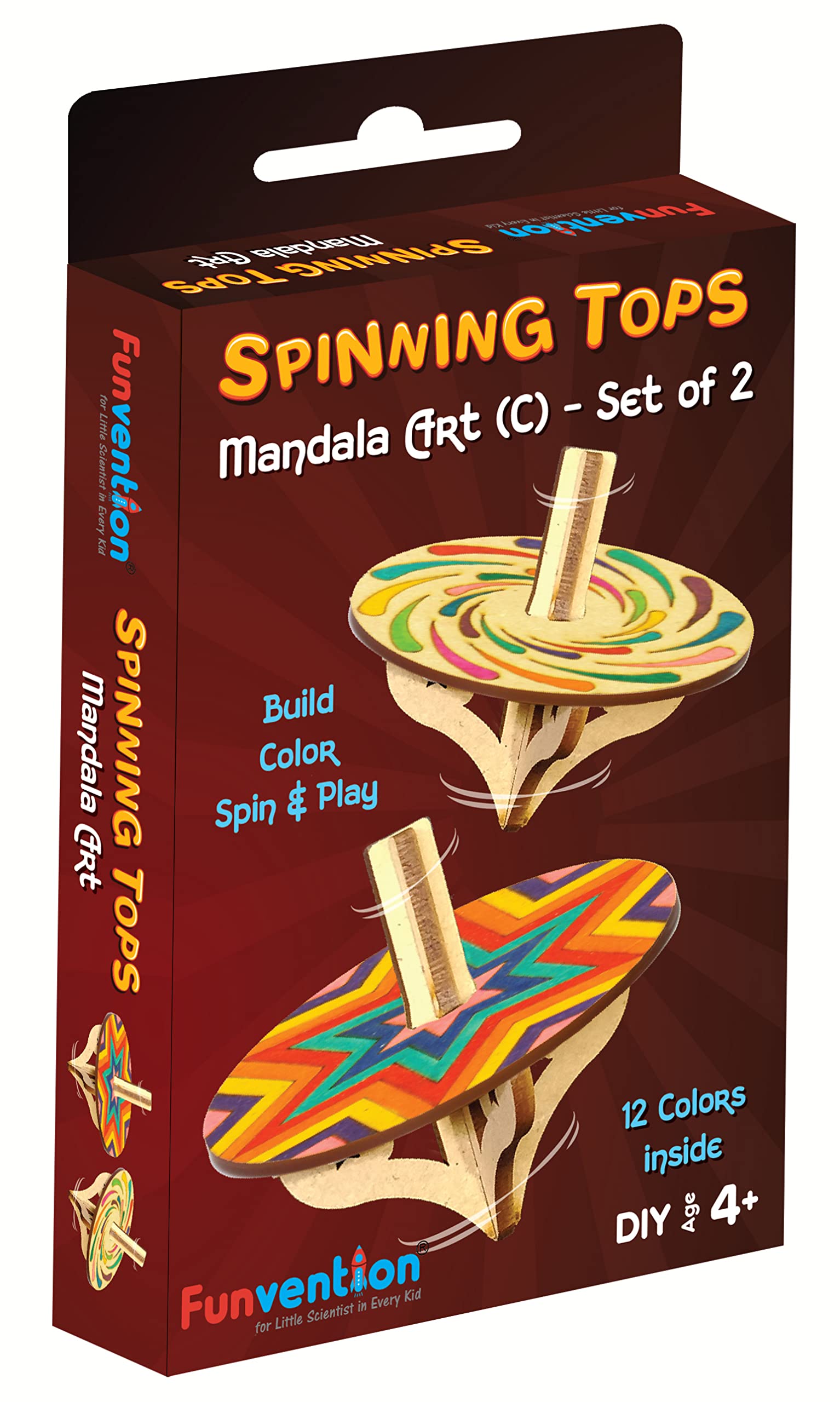 Funvention DIY Spinning Tops (Mandala Art C) - Set of 2 + 12 Colors - DIY Build, Color, Play, Art & Craft Toy for Kids