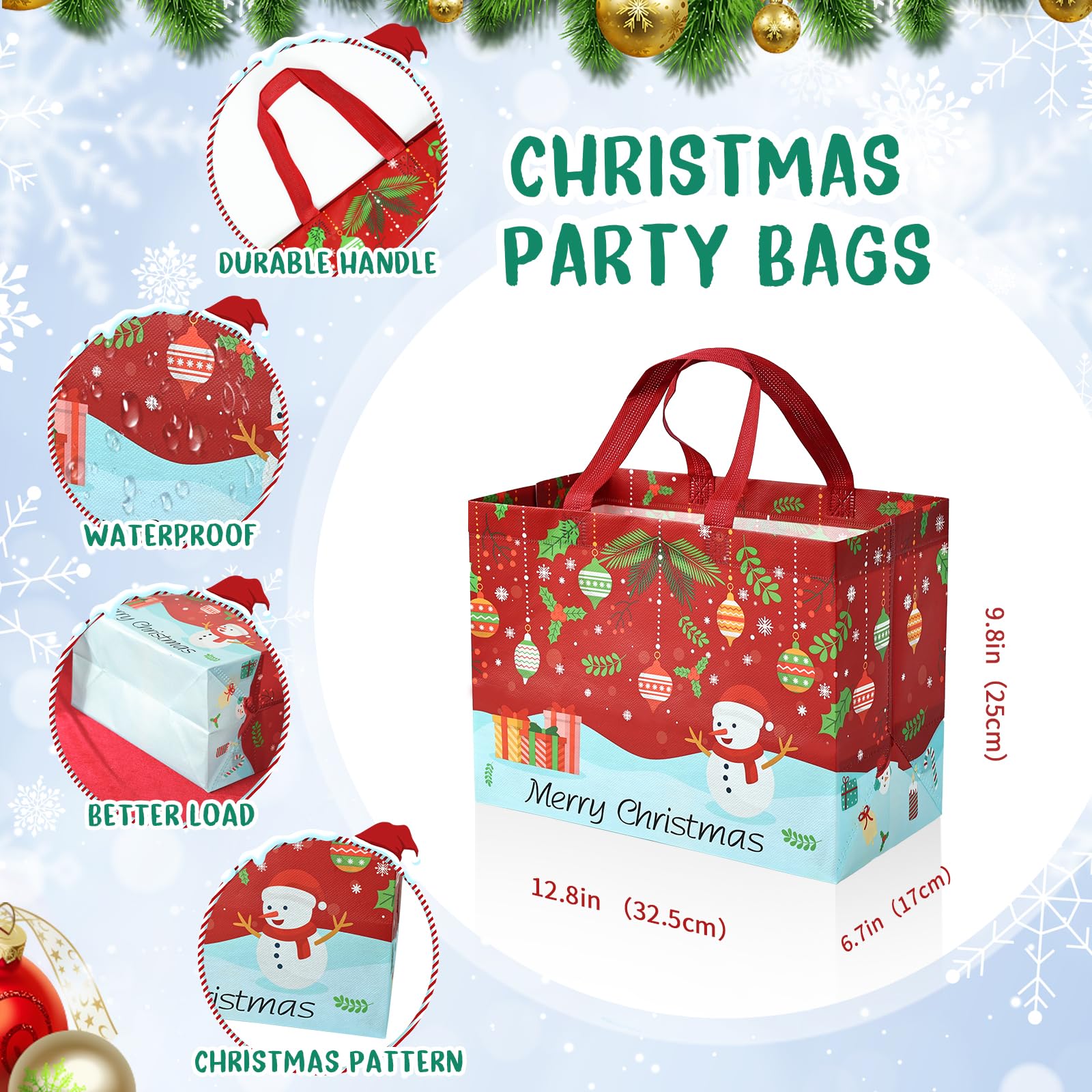 JMANNI 10 bolsas de Navidad multifuncionales no tejidas, envoltura de regalos, compras, suministros de fiesta de Navidad, 12.8 pulgadas, 9.8 pulgadas, 6.7 pulgadas