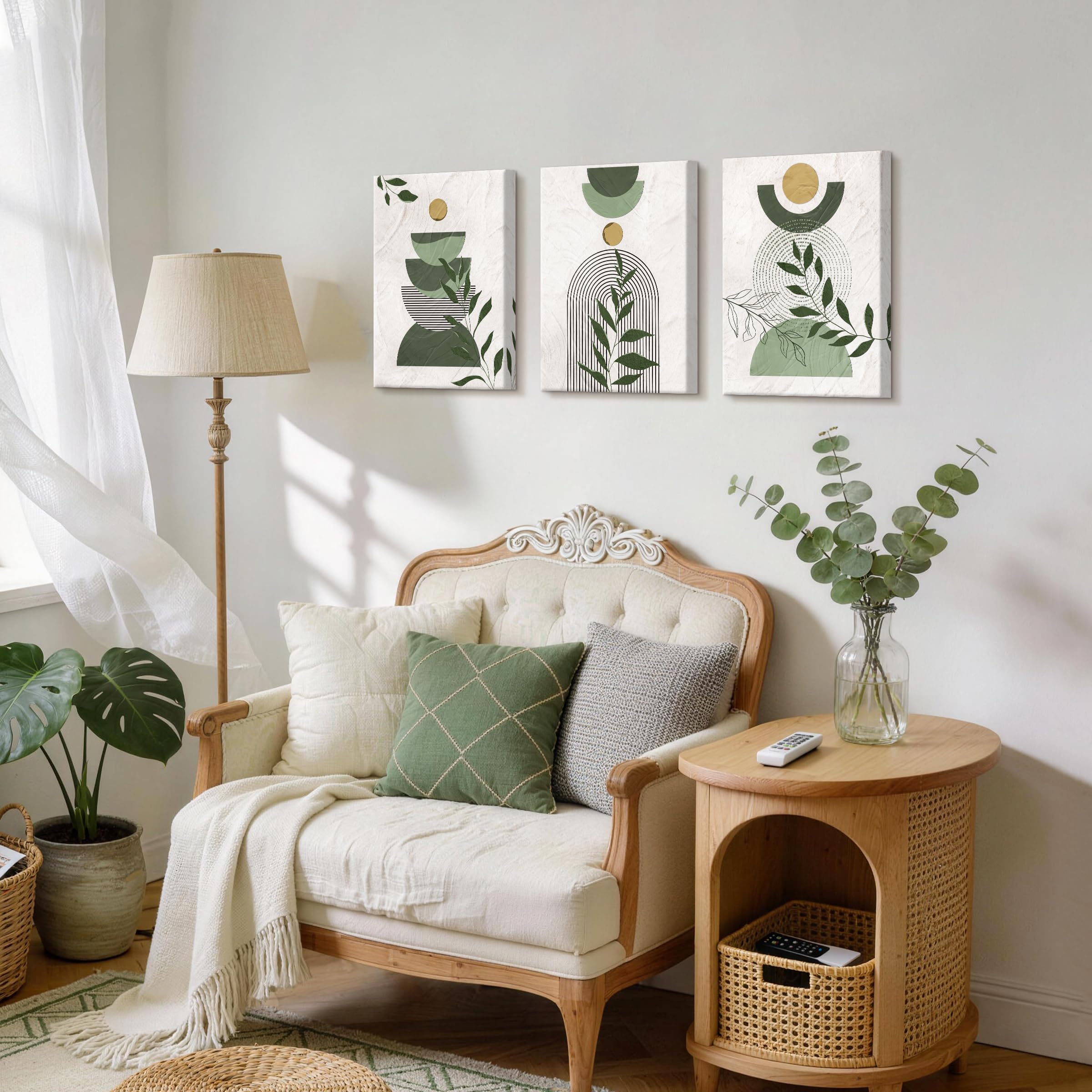 3 Pcs Wooden Framed Canvas Wall Art Set Bohemian Sage Green Canvas Prints Poster Geometric Line Beige Green Pictures for Living Room Bedroom Dinning Room Hallway Stairs Wall Decor 30x40cm x3pcs — view 510