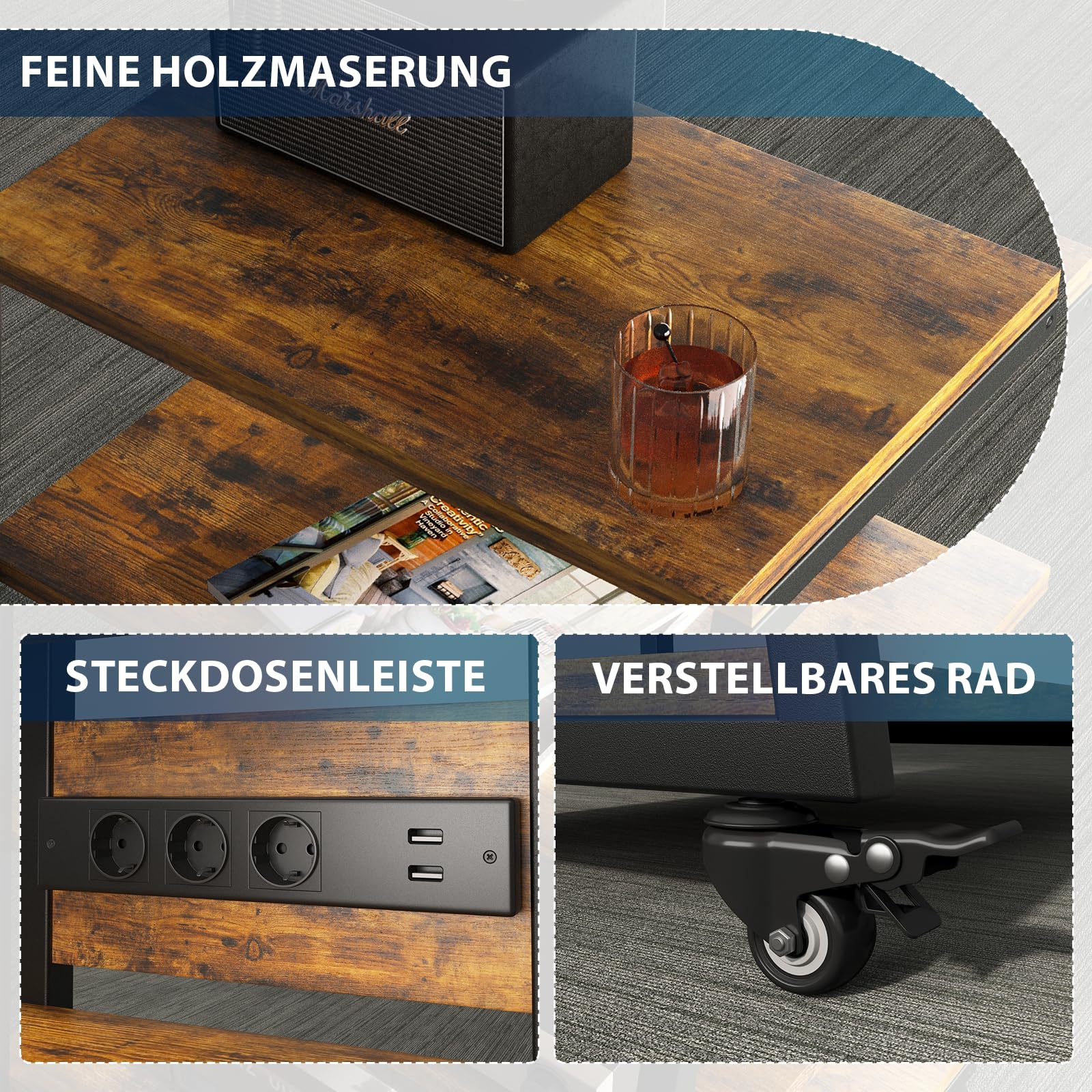 Estante de 5 niveles HiFi con ruedas, tocadiscos, mesa con regletas, luces LED, estante ajustable de madera, soporte para medios HiFi para sistemas de audio, estéreo, 60 x 52 x 110 cm