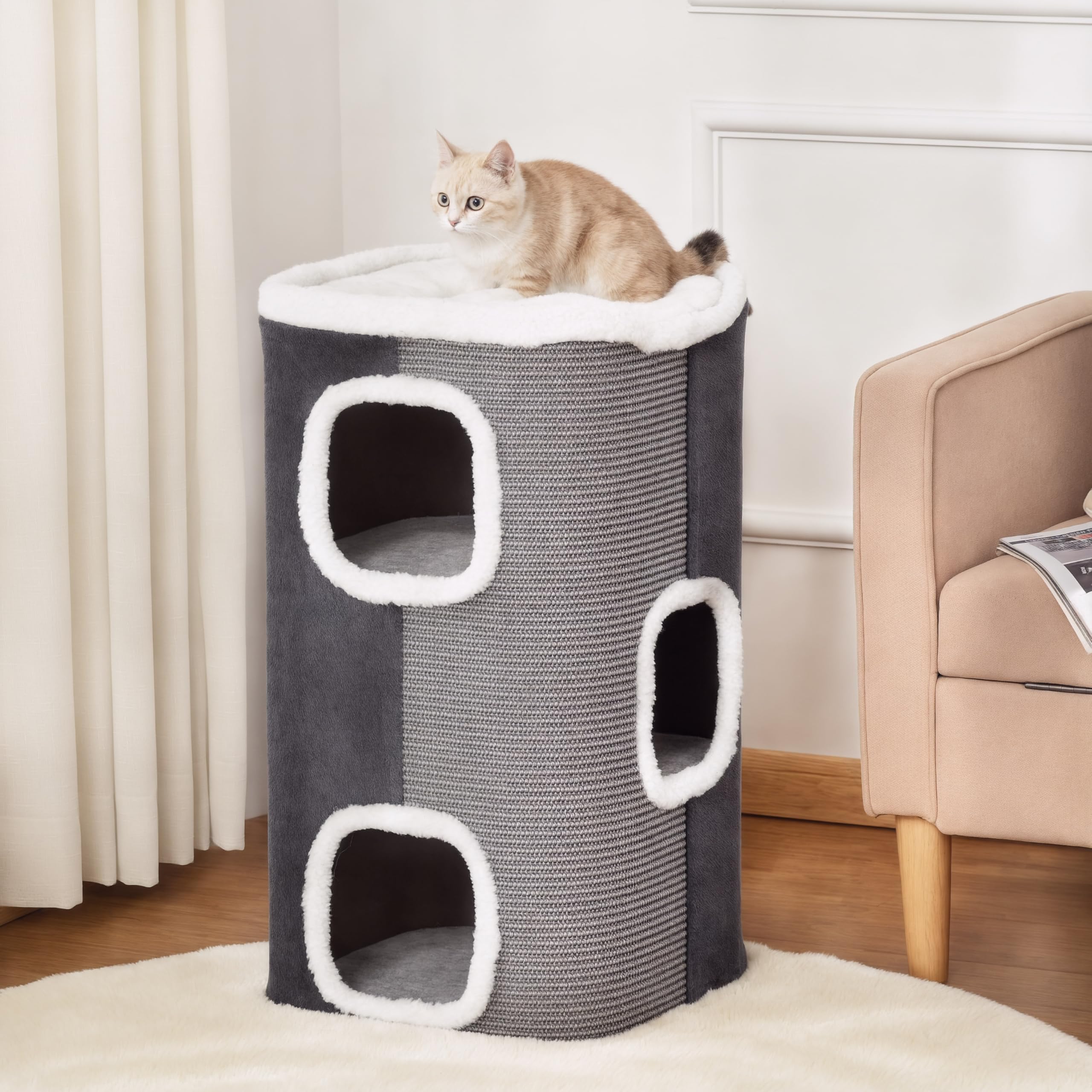 PawHut Barril Rascador para Gatos 74 cm de Altura Tonel de Escalada con 3 Cuevas de Sisal y Felpa Plataforma de Lana 40x40x74 cm Gris | de Sisal, Felpa Suave, Plataforma de Vellón