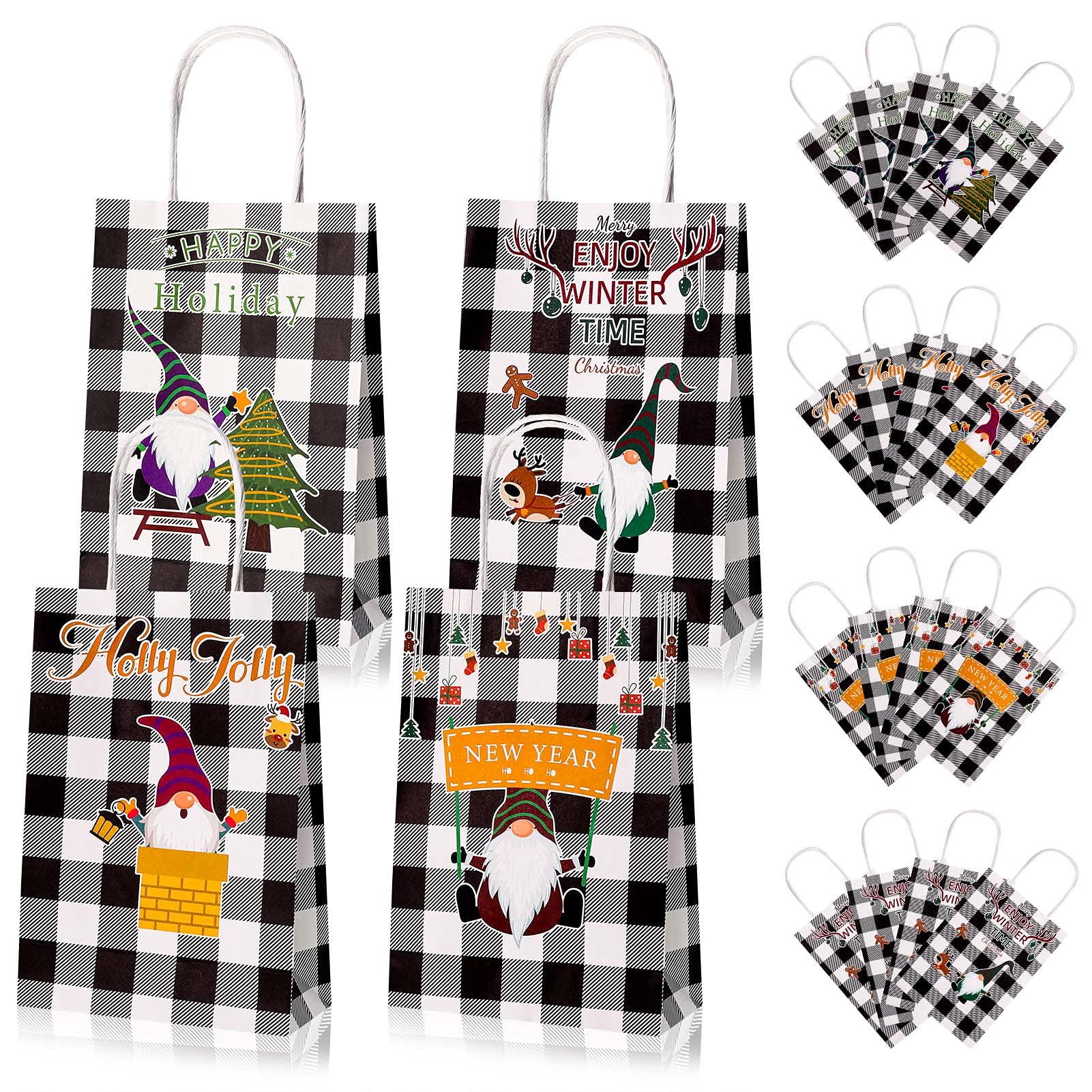 FRIUSATE 16Pcs Christmas Gift Bags White Black Buffalo Plaid Paper Goodie Bag Gnome Xmas New Year Candy Treat Bags Reusable Big Gift Tote Bags with Handles for Gifts Wrapping, Party Supplies