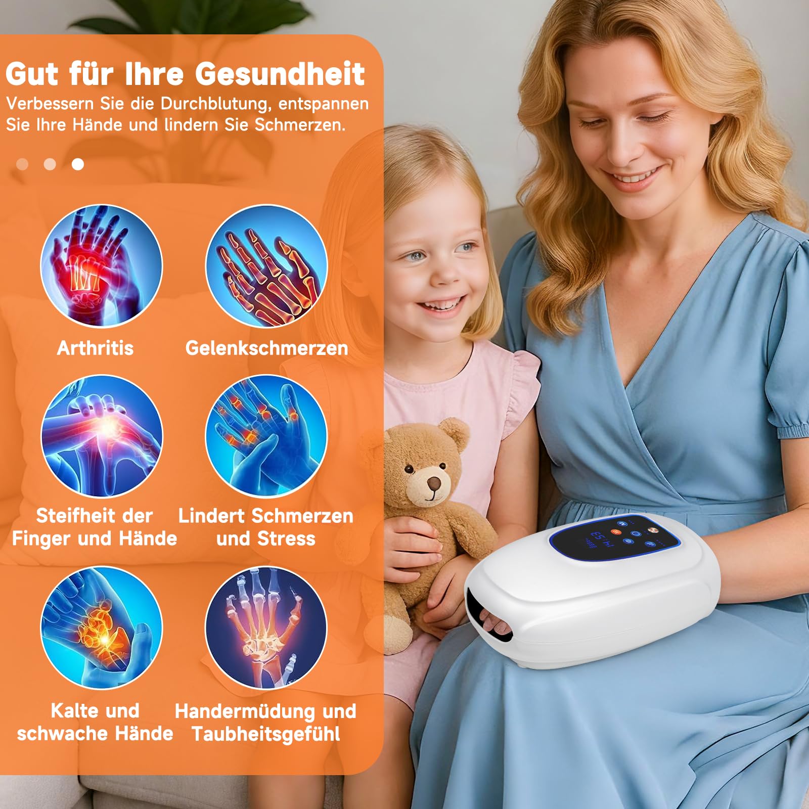 Elektrische Handmassagegeräte, Kabelloses Massagegerät mit Wärme & Rollknetmassage, 3 Massage-Modi, Tragbares Touchscreen-Handmassagegerät für Arthritis und Karpaltunnel (Weiß)