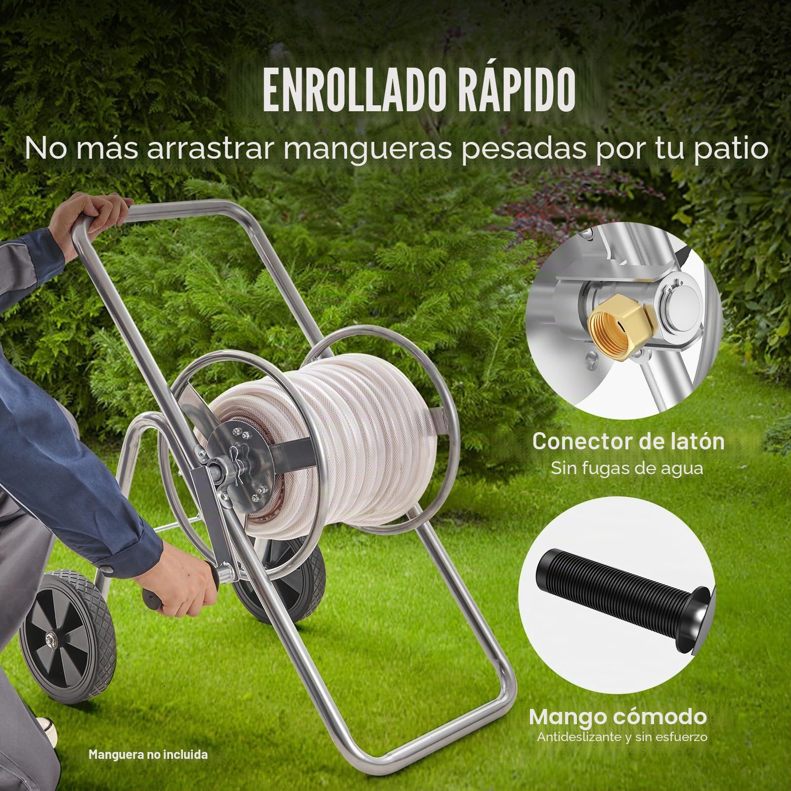 VEVOR Carro Carrete Manguera, Manguera Agua 5/8" Capacidad 53m (Manguera No Incluida), Herramientas Móviles con Ruedas, Plantación Exterior Acero Recubierto en Polvo para Jardín, Patio, Césped