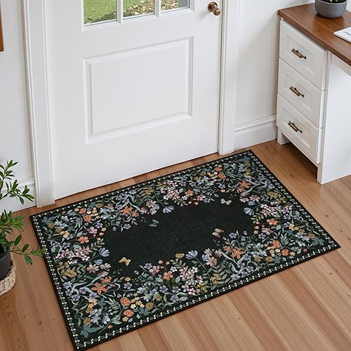 Miniatura 17 de Lahome Alfombra de cocina con estampado floral bohemio de 2 x 3 pies, color verde, lavable a máquina, tapete pequeño de baño, tapete suave y