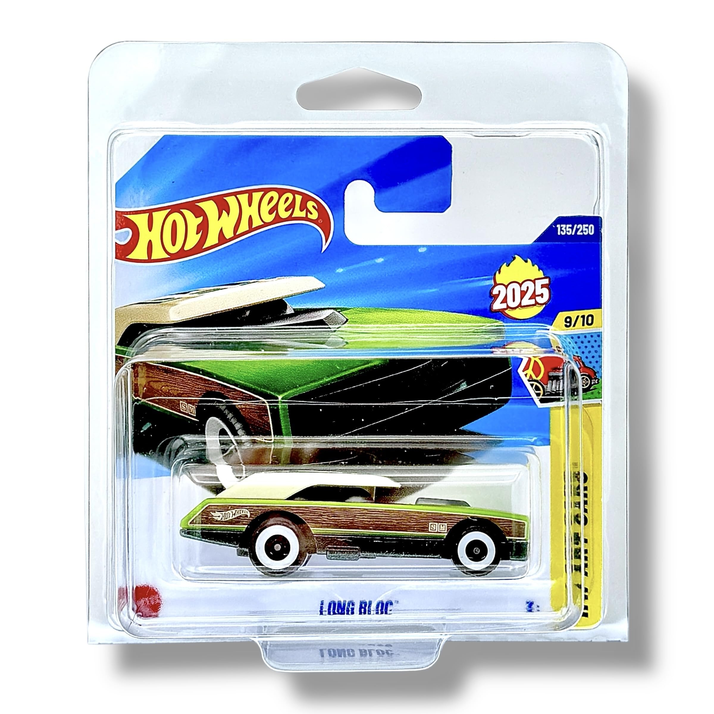 Hot Wheels Long Bloc (Metallic Green, Lime Green, Wood & Cream) 9/10 HW Art Cars - 2025-135/250 (Short Card) - includes a KLAS Car Keeper Protector Case - HYX97