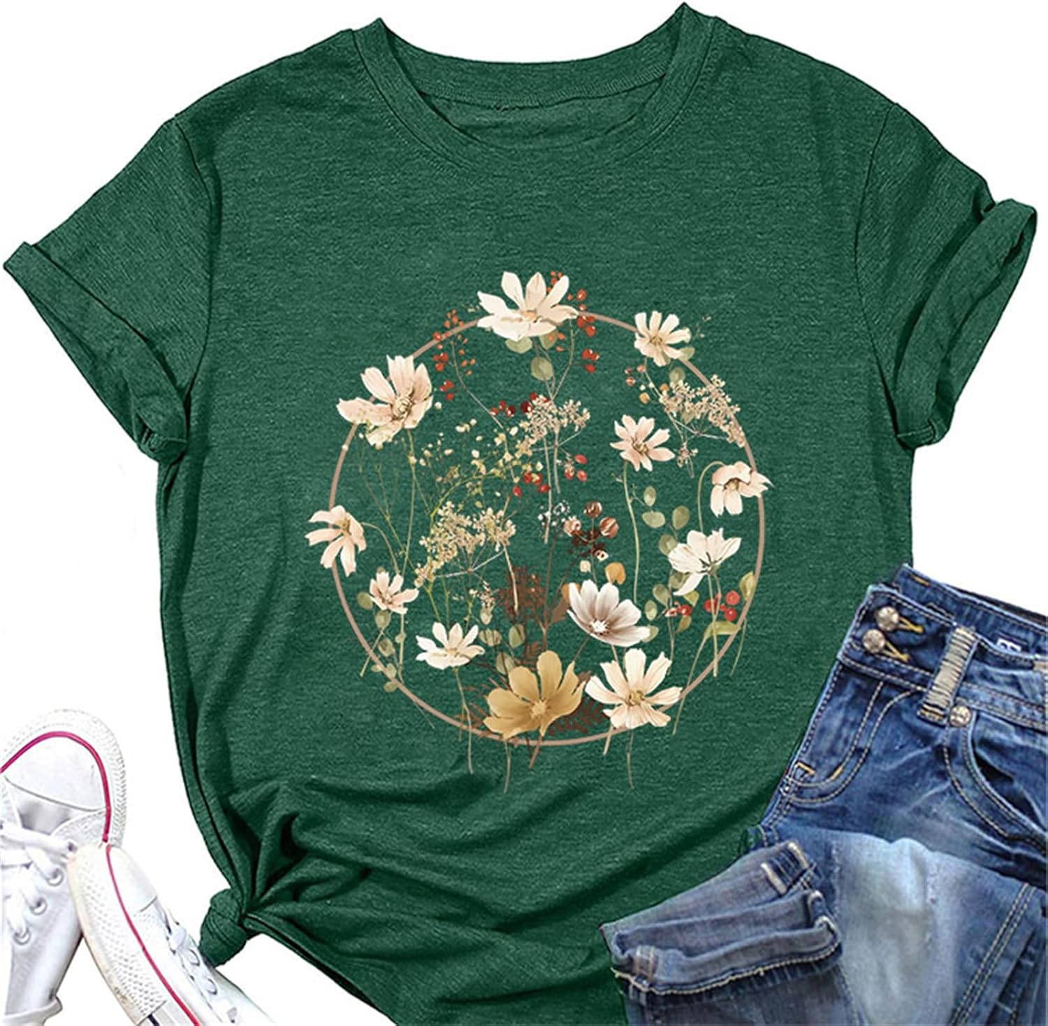 Women's T-Shirt Retro Flower Pattern Shirt Bohemian Short Sleeve T-Shirt Dandelion Wildflower Shirt Summer Casual Top