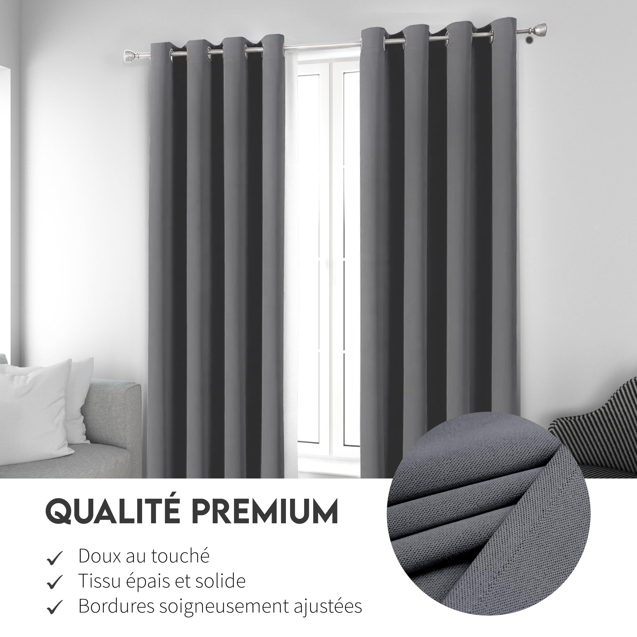 2 Rideaux Occultants Premium & Thermo-isolants - 135x220cm - Couleur Gris - Ultra Épais - 340g/m²