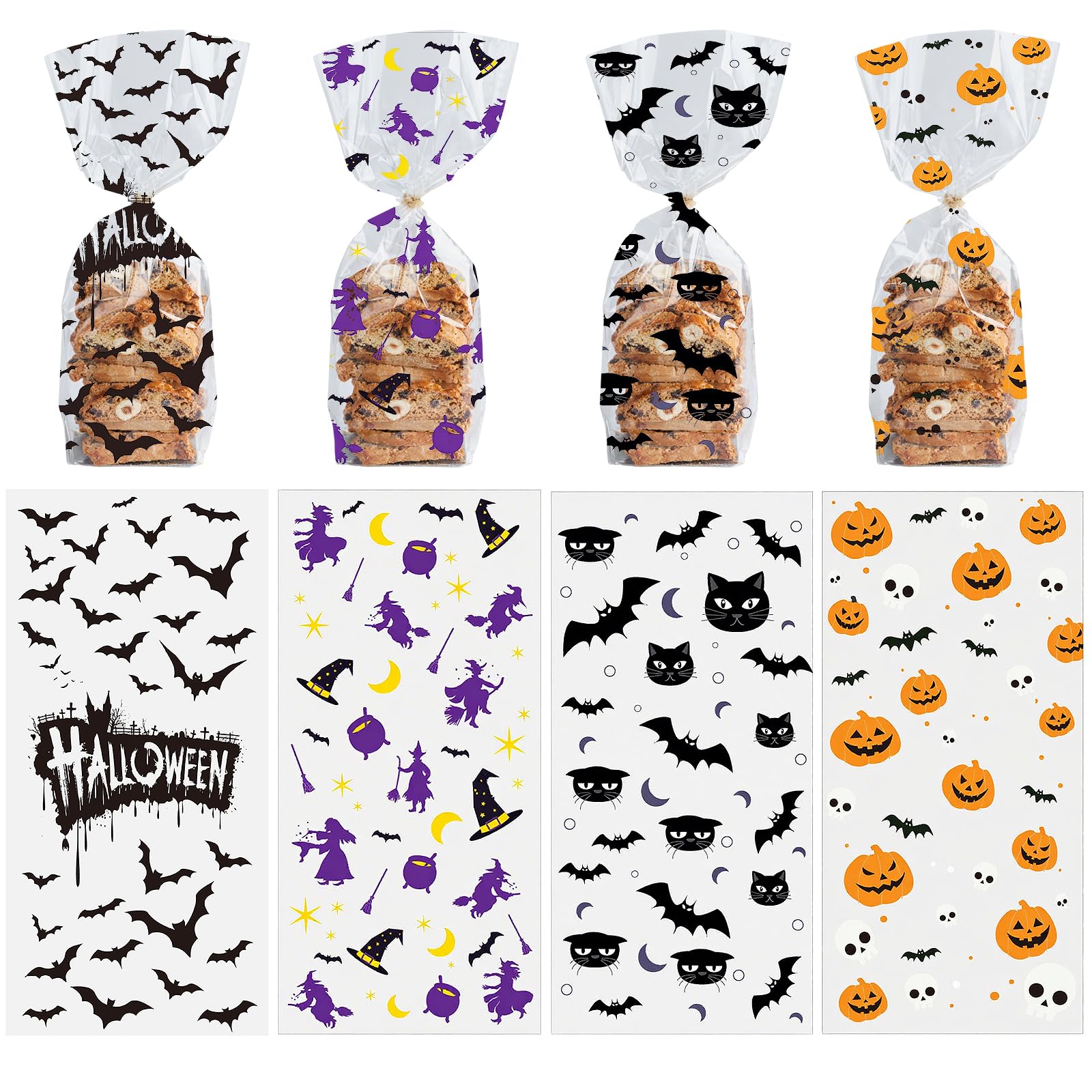 100pcs Halloween Candy Bags, Cellophane Bags, Cookie Cellophane Sweet Treat Bag, Pastry Snacks Goodies Gifts Bag for Halloween party favor Supplies