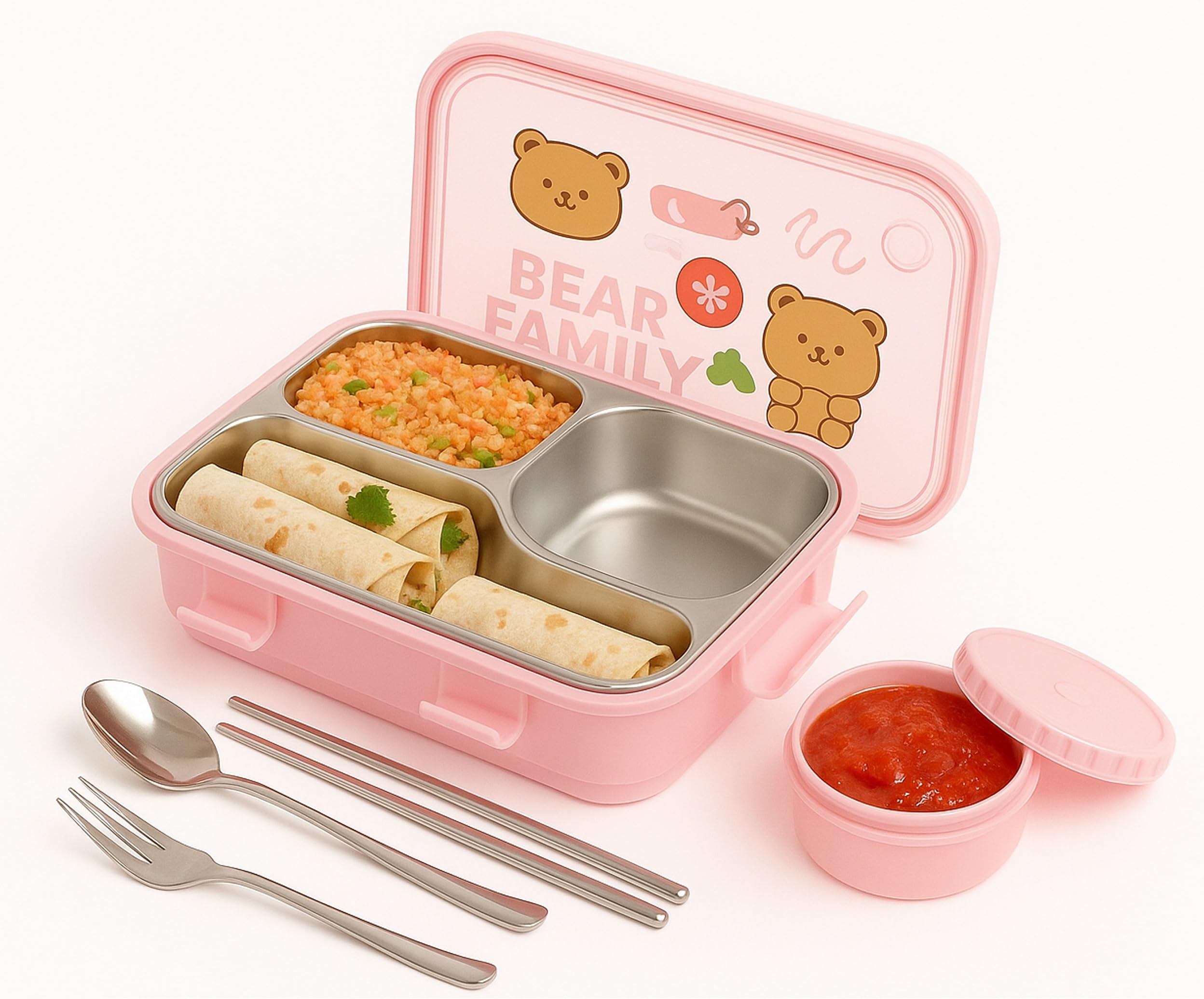 TEC TAVAKKAL Lunch Box 3 Compartment Leak-Proof BPA Free Stainless Steel, Lunch Box for Kids, Lunch Box for School & Office with a Fork, a Spoon and a Pair of Chopsticks (Bear Family Pink)
