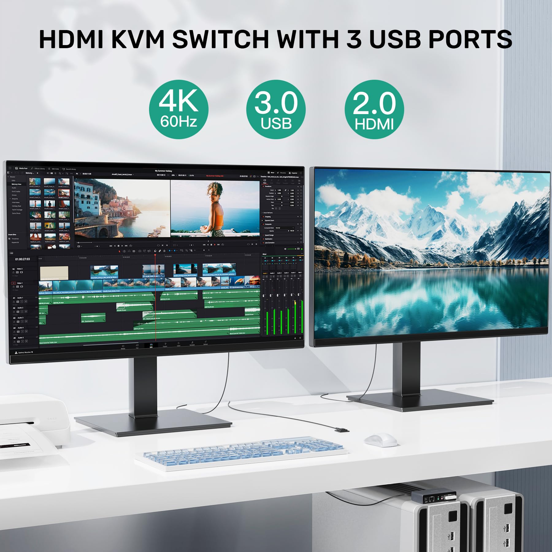 Conmutador KVM HDMI, 2 monitores, 2 computadoras, conmutador USB KVM de doble monitor 4K @60Hz, pantalla HDMI extendida/espejo para 2 PC Share 2 monitores, con 3 puertos USB 3.0, controlador de 3