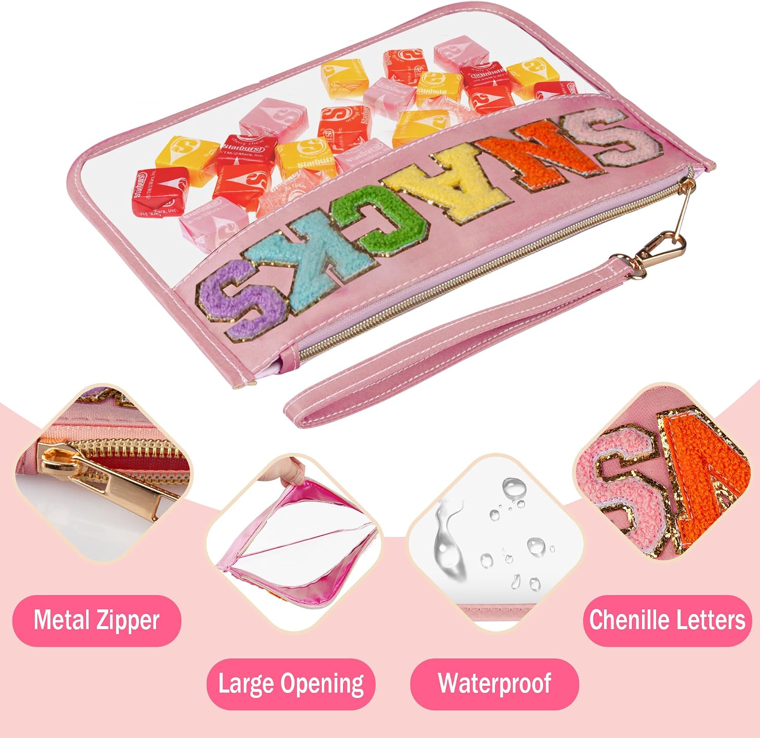 2 Pcs Travel Makeup Letter Bags with Zipper, Waterproof Transparent PVC Cosmetic Bag, Cute Snacks Bag Portable Stuff Bag for Women (Pink SNACKS+White TRAVEL) image 4