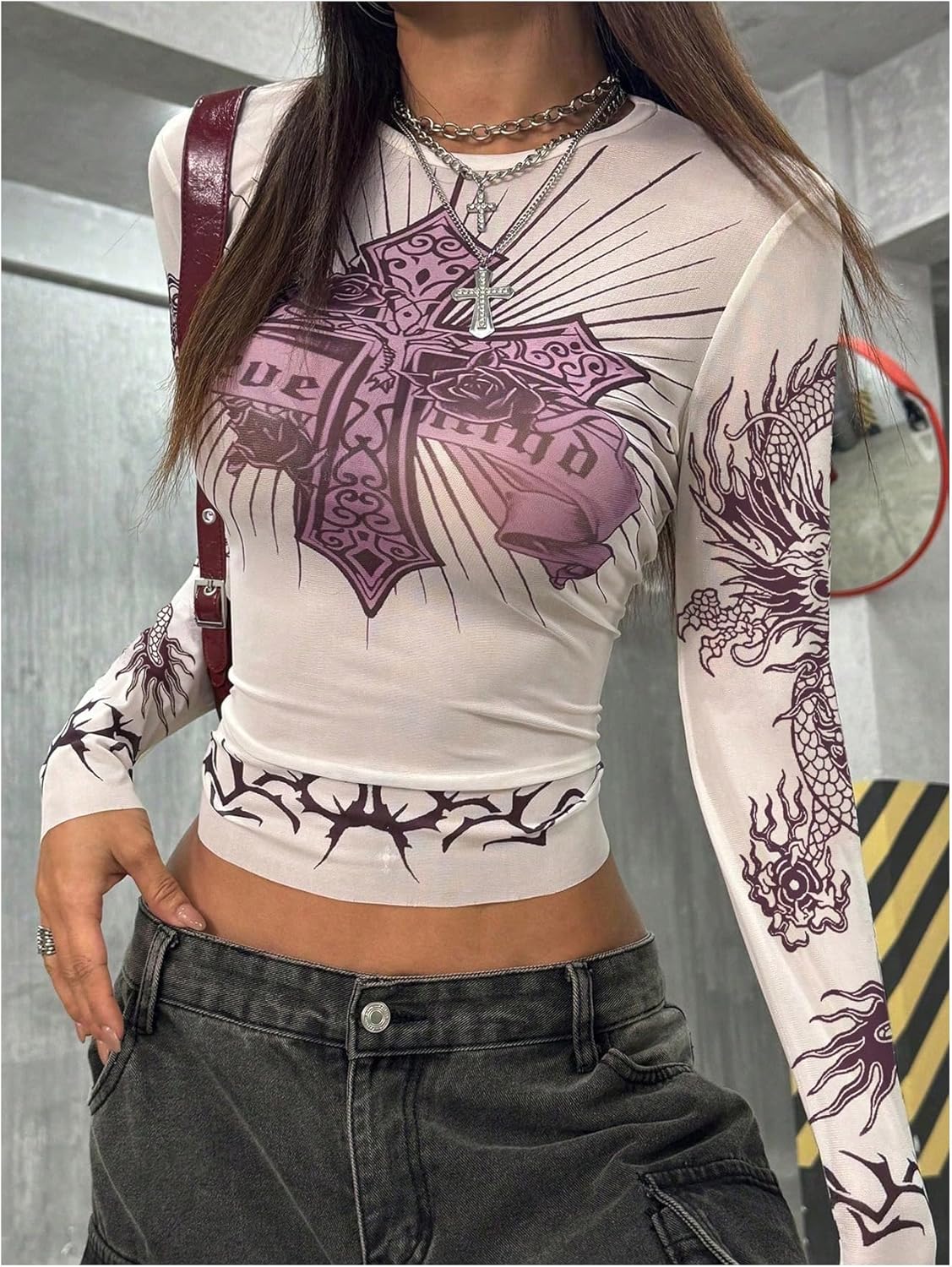WDIRARA Women's Cross Dragon Graphic Sheer Mesh T Shirts Long Sleeve See Through Tee Y2k Goth Crop Top - Image 2