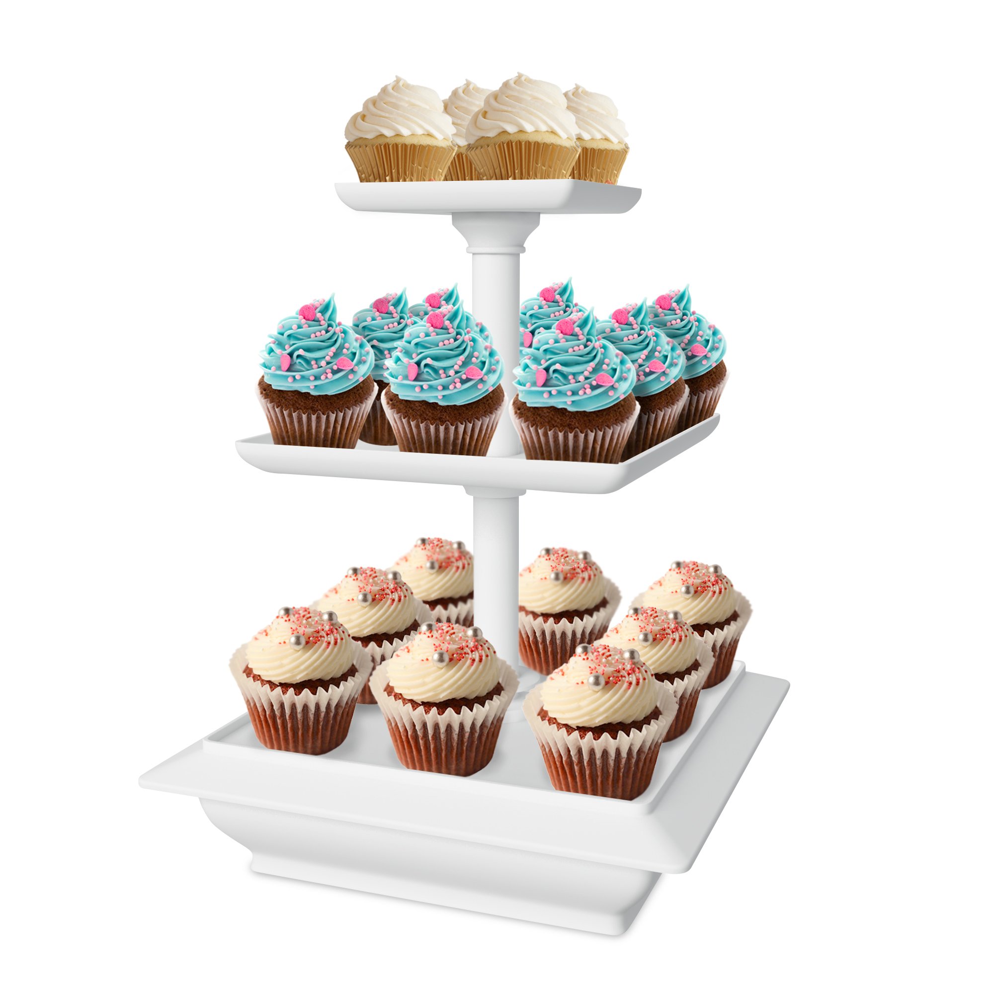 3-Tier Cupcake Stand - Square Display Stand for Birthday, Tea Party, Wedding, or Baby Showers - Dessert Table Display Set (White)