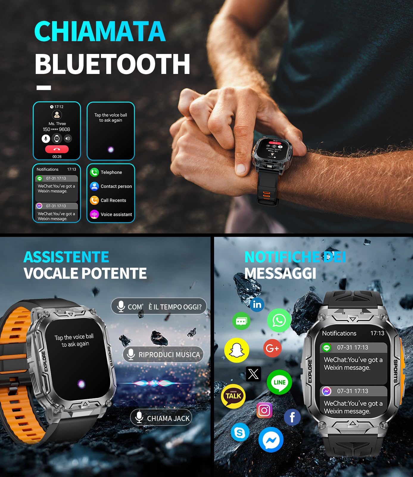 Orologio Smartwatch Uomo, Batteria 1000 mAh con Torcia LED, Orologio Sportivo Display HD 2.01" Quadrato, 100+ Modalità Sport, Impermeabile IP68, Compatibile con Android e iOS (Nero-Arancione)