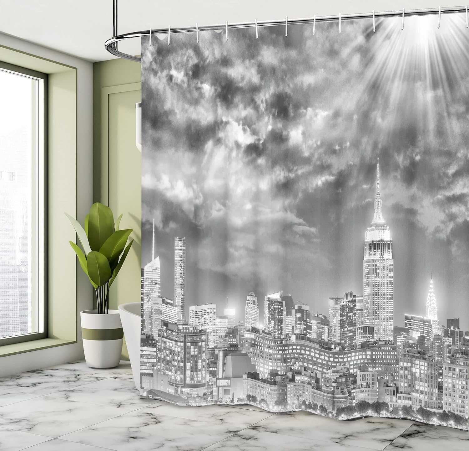 Ambesonne Urban Shower Curtain, Dramatic New York City Skyline Sun Beams Clouds Skyscrapers Monochrome Landscape, Cloth Fabric Bathroom Decor Set with Hooks, 69" W x 70" L, Black White